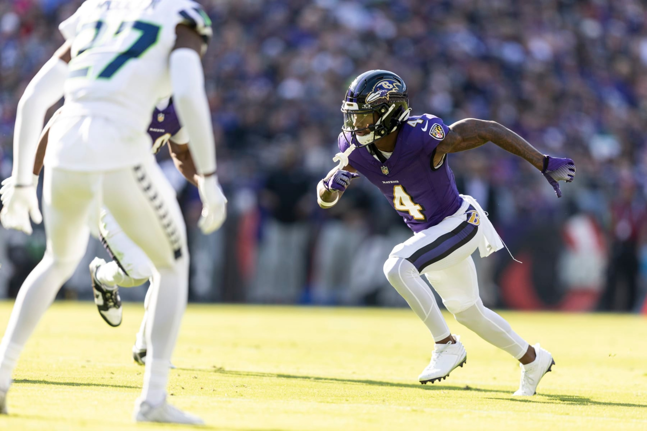 BALTIMORE, MARYLAND - NOVEMBER 05: Zay Flowers #4 of the Baltimore Ravens runs a route during an NFL football game between the Baltimore Ravens and the Seattle Seahawks at M&T Bank Stadium on November 05, 2023 in Baltimore, Maryland. (Photo by Michael Owens/Getty Images)