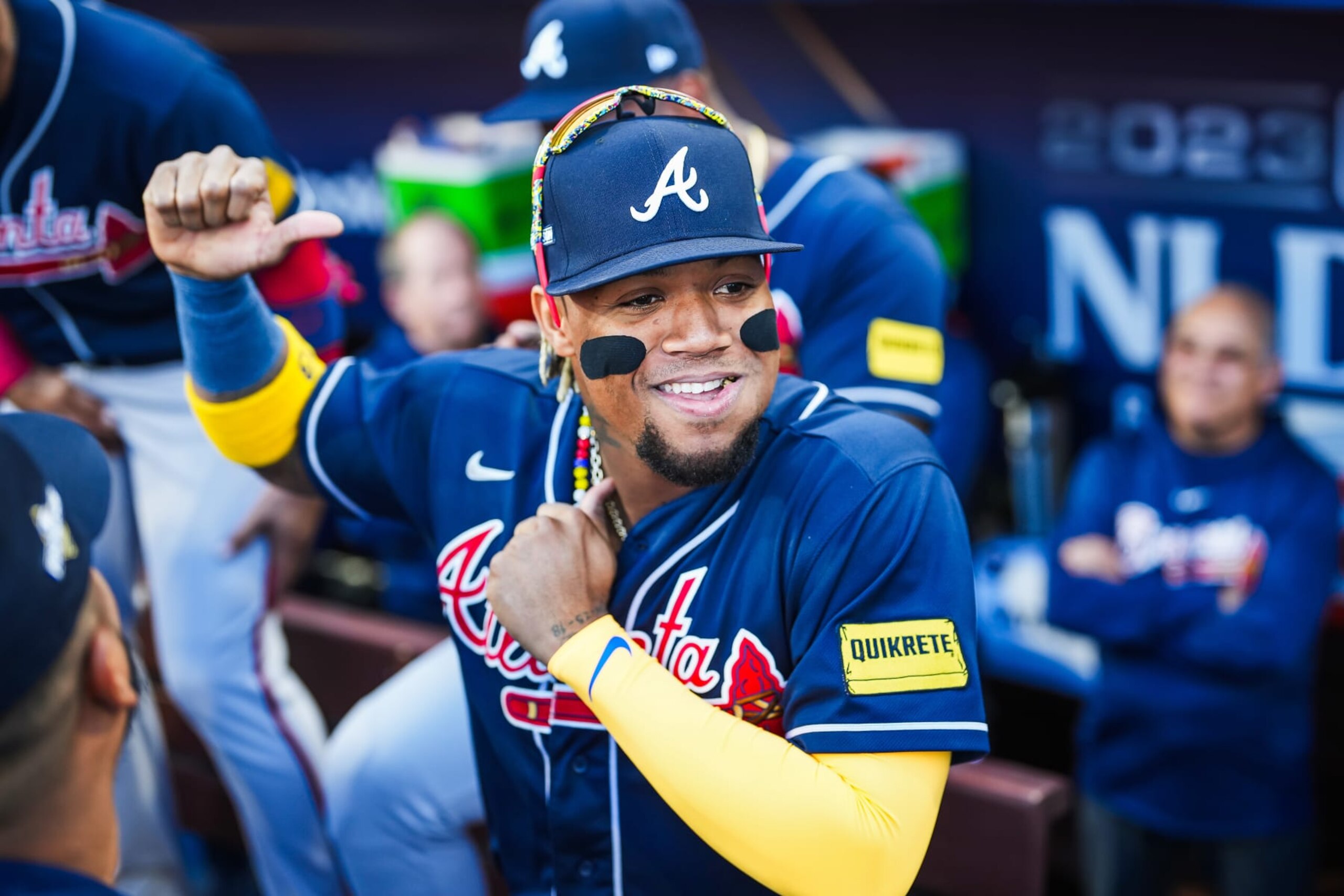 PHILADELPHIA, PENNSYLVANIA - OCTOBER 11:  Ronald Acuna Jr. #13 of the Atlanta Braves in the dugout before Game Three of the Division Series against the Philadelphia Phillies at Citizens Bank Park on October 11, 2023 in Philadelphia, Pennsylvania. (Photo by Kevin D. Liles/Atlanta Braves/Getty Images)