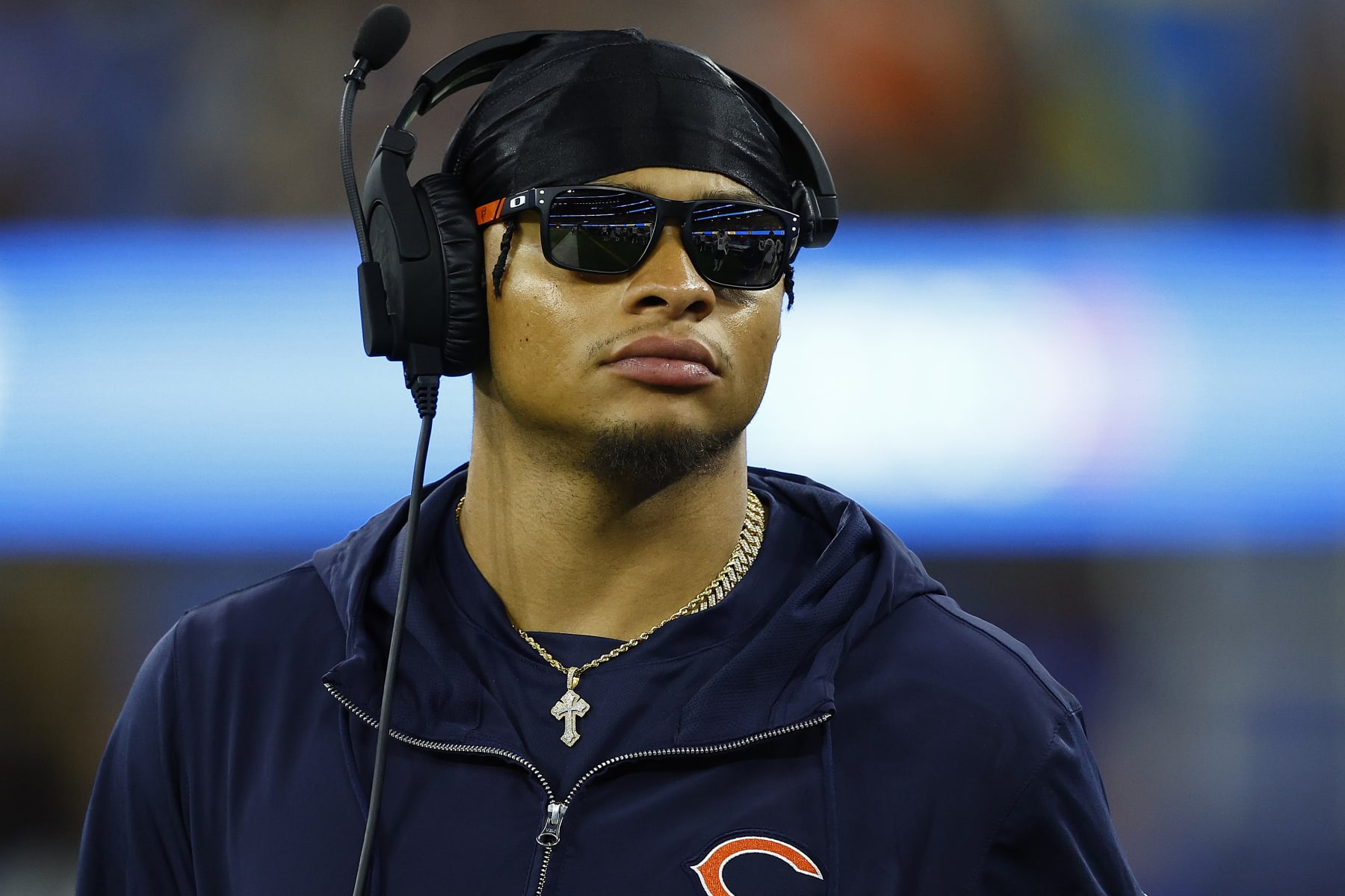INGLEWOOD, CALIFORNIA - OCTOBER 29:   Justin Fields #1 of the Chicago Bears looks on from the sideline in the third quarter against the Los Angeles Chargers at SoFi Stadium on October 29, 2023 in Inglewood, California. (Photo by Ronald Martinez/Getty Images)