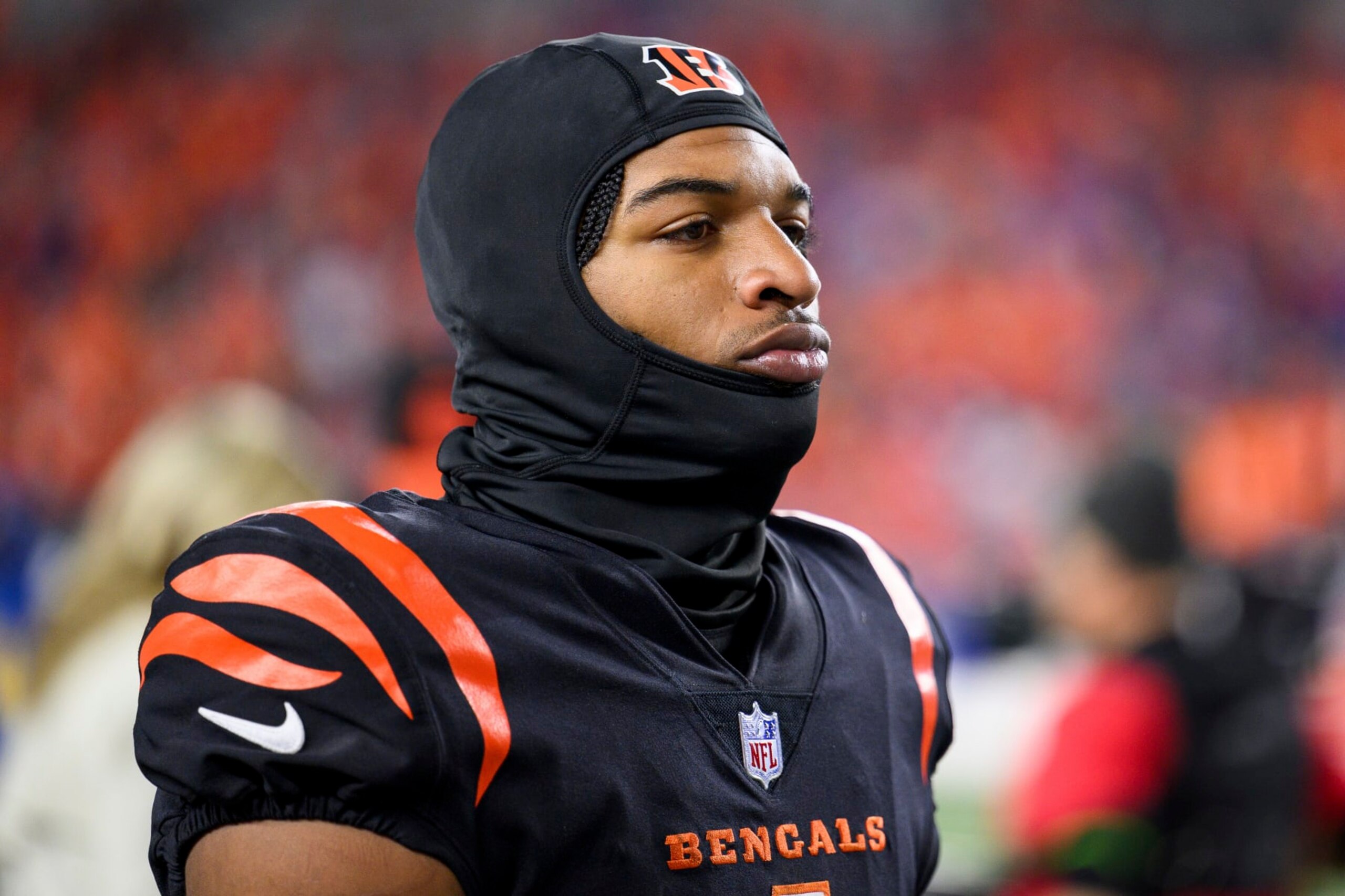 Cincinnati Bengals wide receiver Ja'Marr Chase (1) on the sidelines during an NFL football game against the Buffalo Bills, Sunday, Nov. 5, 2023, in Cincinnati. (AP Photo/Zach Bolinger)