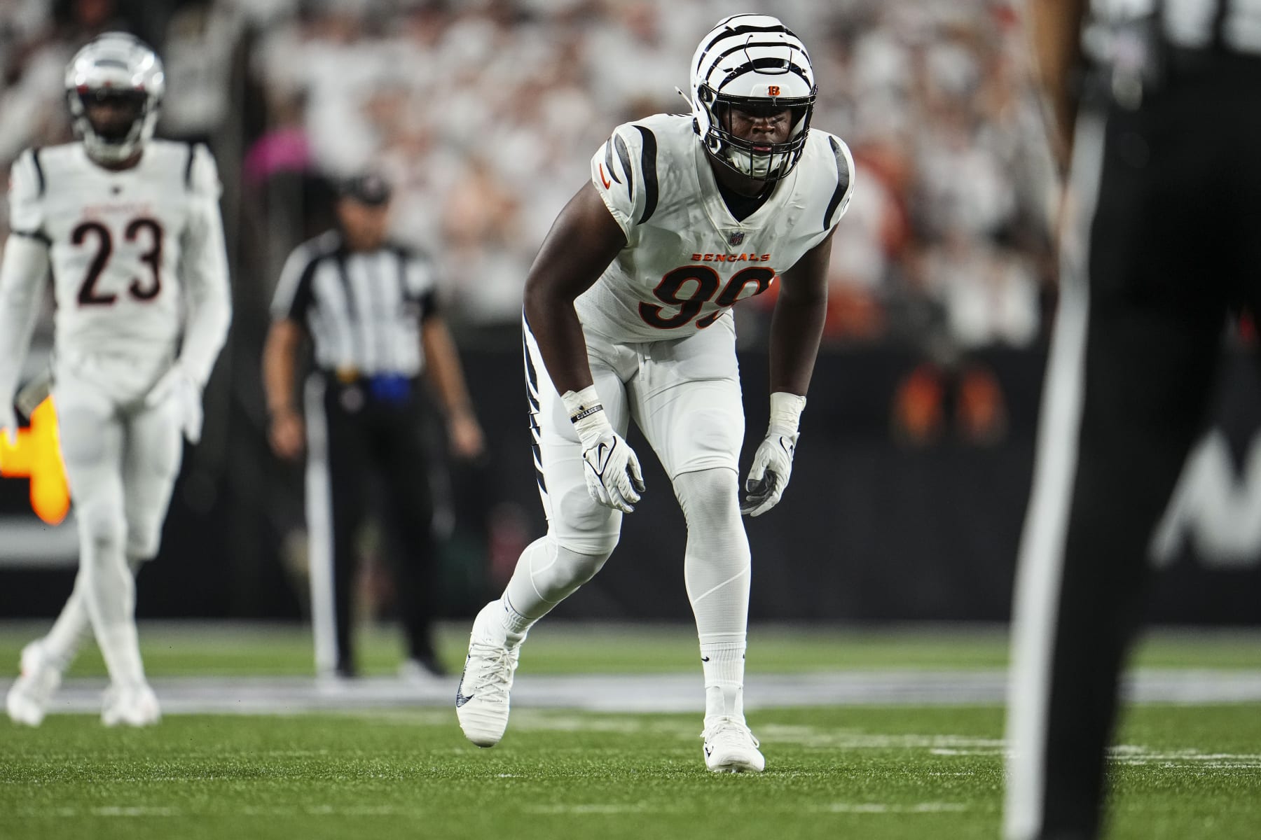 CINCINNATI, OH - SEPTEMBER 25: Myles Murphy #99 of the Cincinnati Bengals lines up during at Paycor Stadium on September 25, 2023 in Cincinnati, Ohio. (Photo by Cooper Neill/Getty Images)