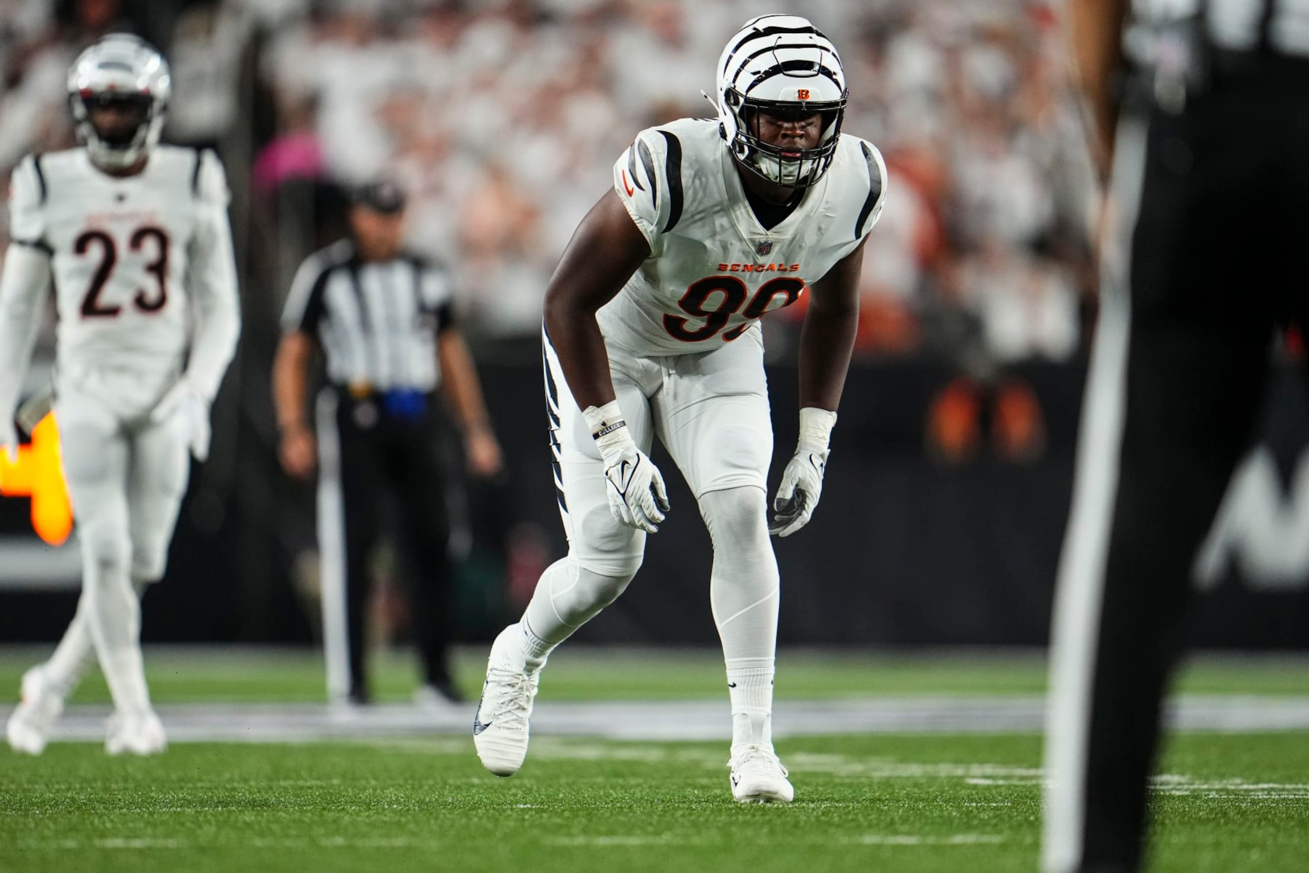 CINCINNATI, OH - SEPTEMBER 25: Myles Murphy #99 of the Cincinnati Bengals lines up during at Paycor Stadium on September 25, 2023 in Cincinnati, Ohio. (Photo by Cooper Neill/Getty Images)