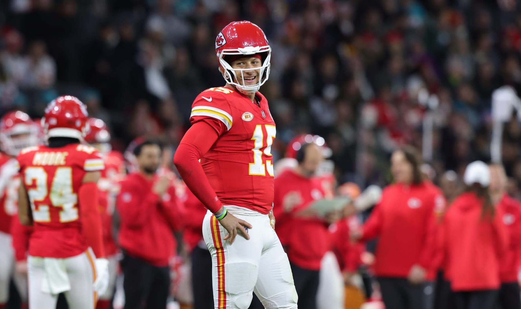 FRANKFURT AM MAIN, GERMANY - NOVEMBER 5: Quarterback Patrick Mahomes of Kansas City Chiefs looks on during the NFL match between Miami Dolphins and Kansas City Chiefs at Deutsche Bank Park on November 5, 2023 in Frankfurt am Main, Germany. (Photo by Ralf Ibing - firo sportphoto/Getty Images)