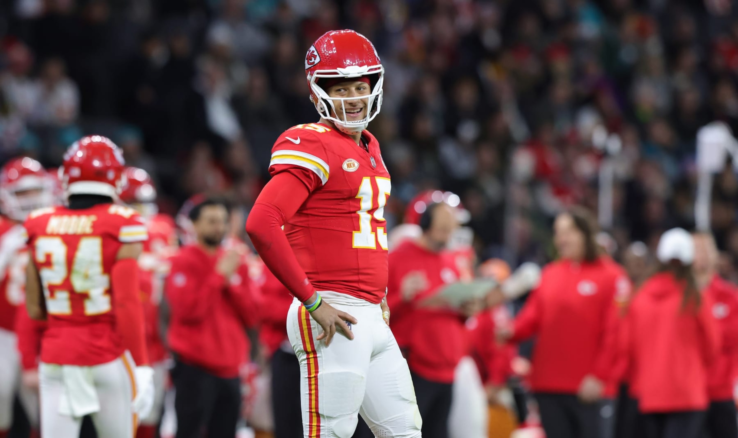 FRANKFURT AM MAIN, GERMANY - NOVEMBER 5: Quarterback Patrick Mahomes of Kansas City Chiefs looks on during the NFL match between Miami Dolphins and Kansas City Chiefs at Deutsche Bank Park on November 5, 2023 in Frankfurt am Main, Germany. (Photo by Ralf Ibing - firo sportphoto/Getty Images)