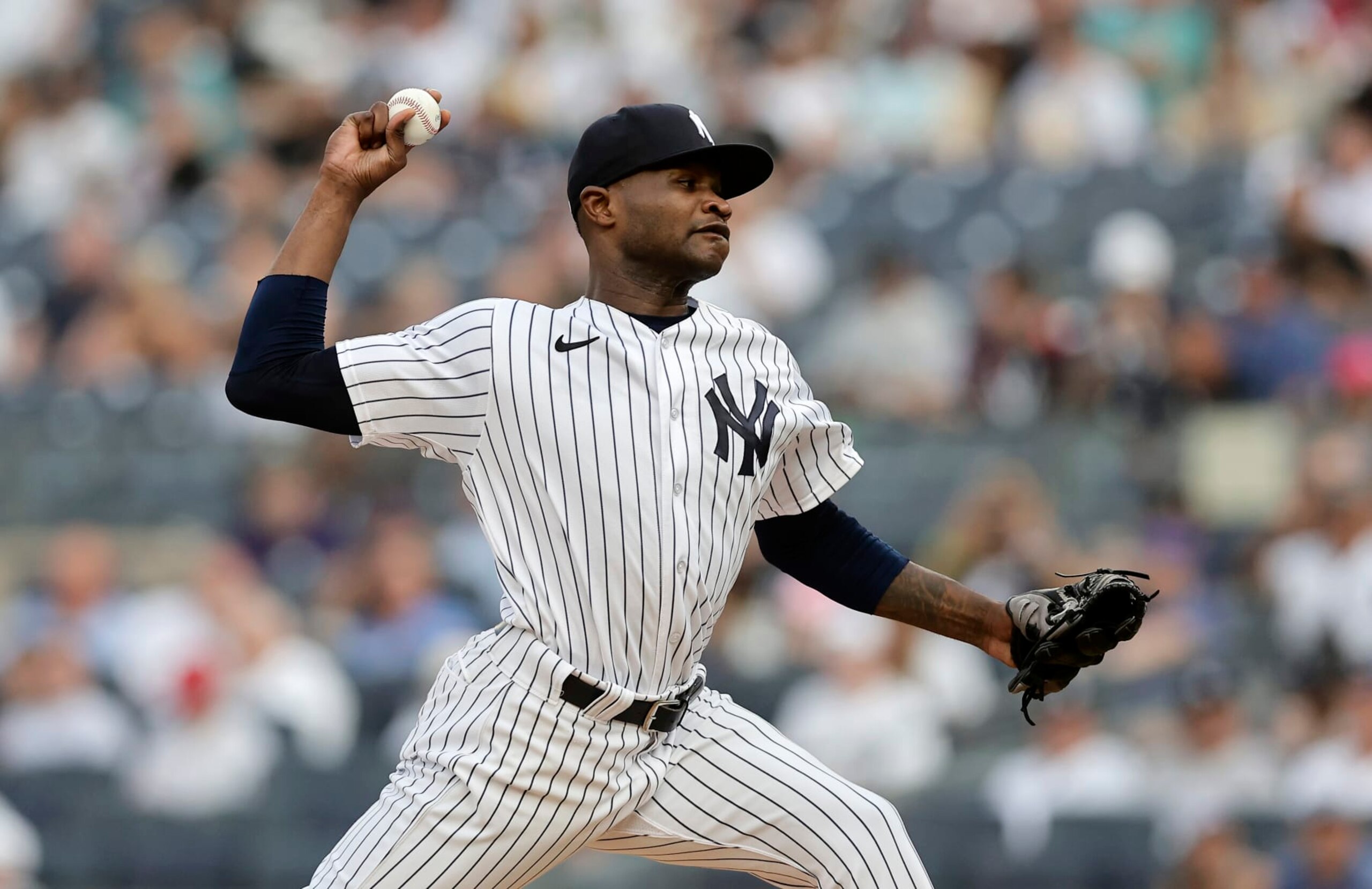 NEW YORK, NEW YORK - JULY 25:  Domingo German #0 of the New York Yankees pitches during the first inning against the New York Mets at Yankee Stadium on July 25, 2023 in the Bronx borough of New York City. (Photo by Jim McIsaac/Getty Images)