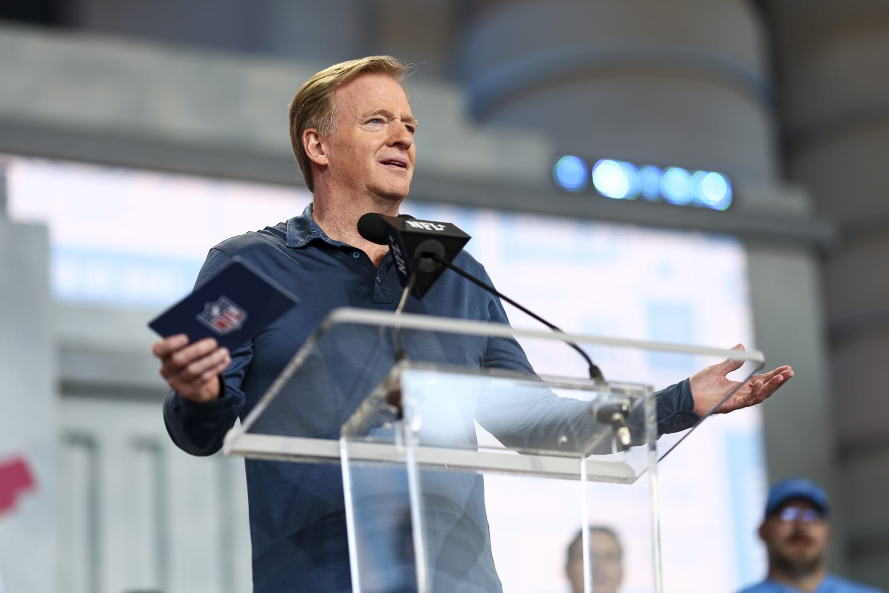 KANSAS CITY, MO - APRIL 29: NFL Commissioner Roger Goodell presents on stage during Day 3 of the 2023 NFL Draft at Union Station on April 29, 2023 in Kansas City, Missouri. (Photo by Kevin Sabitus/Getty Images)