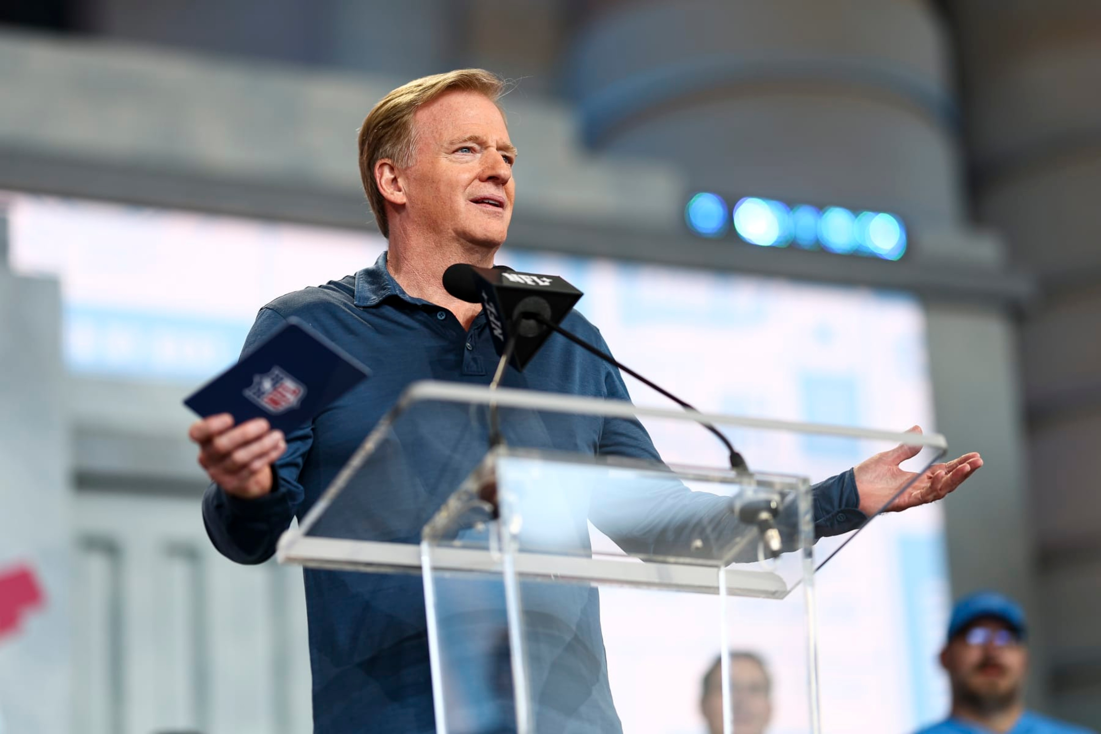 KANSAS CITY, MO - APRIL 29: NFL Commissioner Roger Goodell presents on stage during Day 3 of the 2023 NFL Draft at Union Station on April 29, 2023 in Kansas City, Missouri. (Photo by Kevin Sabitus/Getty Images)