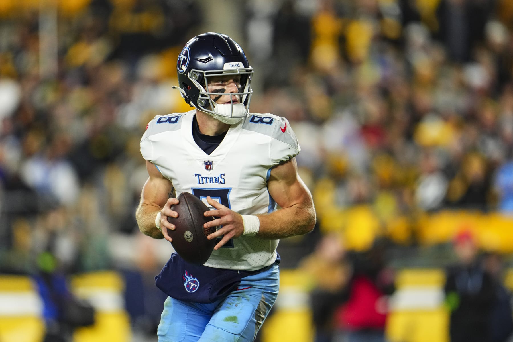 PITTSBURGH, PA - NOVEMBER 02: Will Levis #8 of the Tennessee Titans drops back to pass during an NFL football game against the Pittsburgh Steelers at Acrisure Stadium on November 2, 2023 in Pittsburgh, Pennsylvania. (Photo by Cooper Neill/Getty Images)