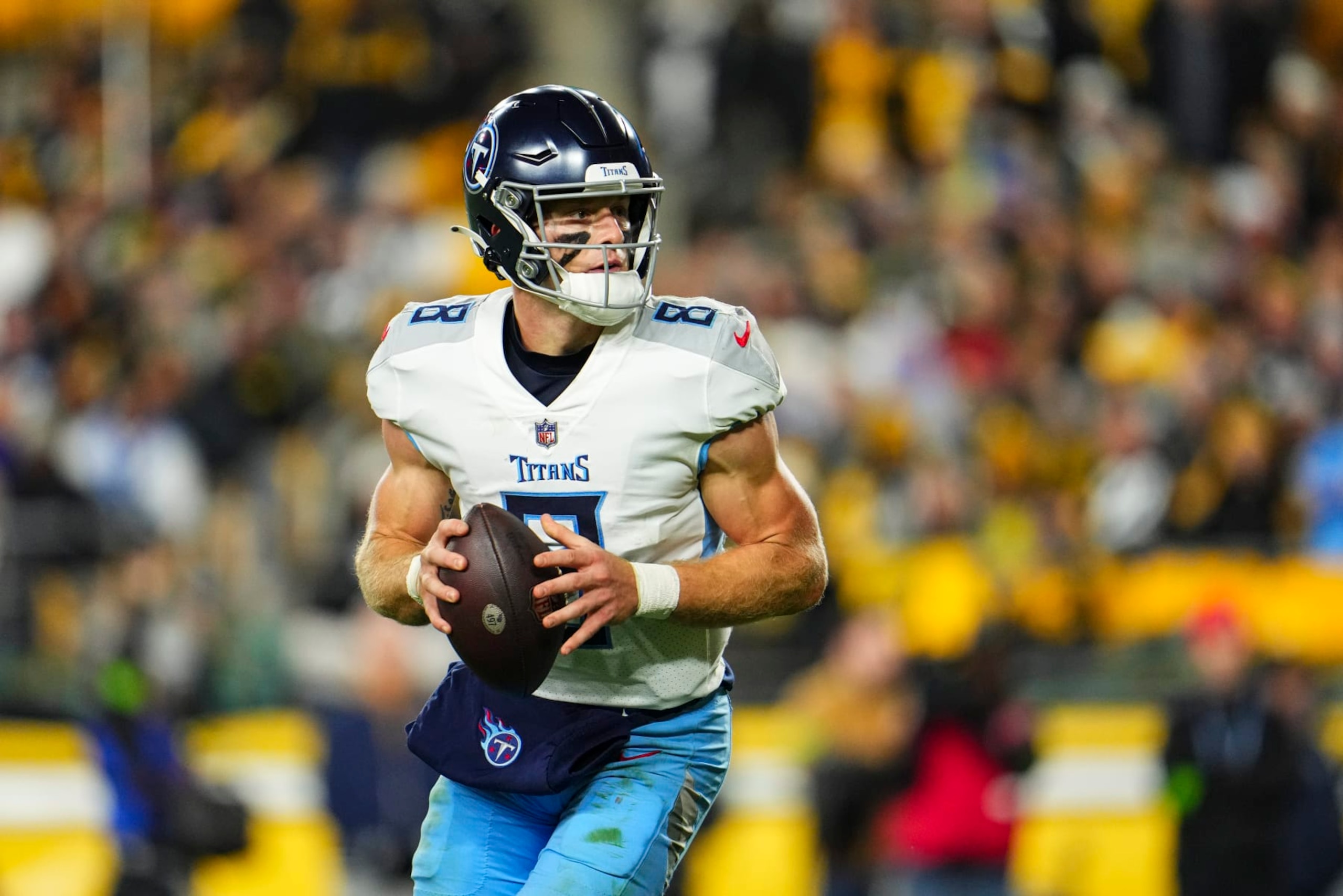 PITTSBURGH, PA - NOVEMBER 02: Will Levis #8 of the Tennessee Titans drops back to pass during an NFL football game against the Pittsburgh Steelers at Acrisure Stadium on November 2, 2023 in Pittsburgh, Pennsylvania. (Photo by Cooper Neill/Getty Images)