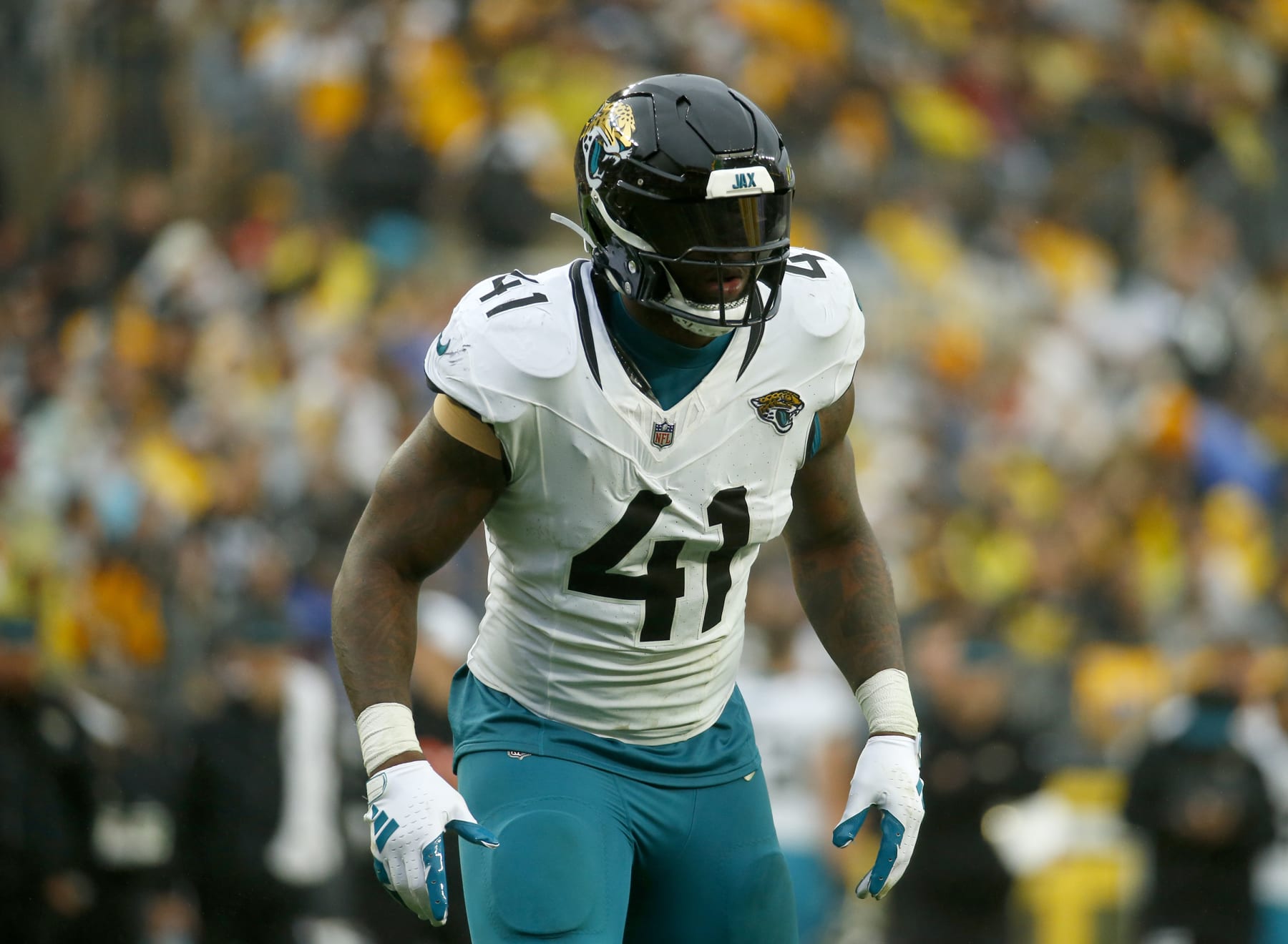 PITTSBURGH, PA - OCTOBER 28:  Josh Allen #41 of the Jacksonville Jaguars in action against the Pittsburgh Steelers on October 28, 2023 at Acrisure Stadium in Pittsburgh, Pennsylvania.  (Photo by Justin K. Aller/Getty Images)