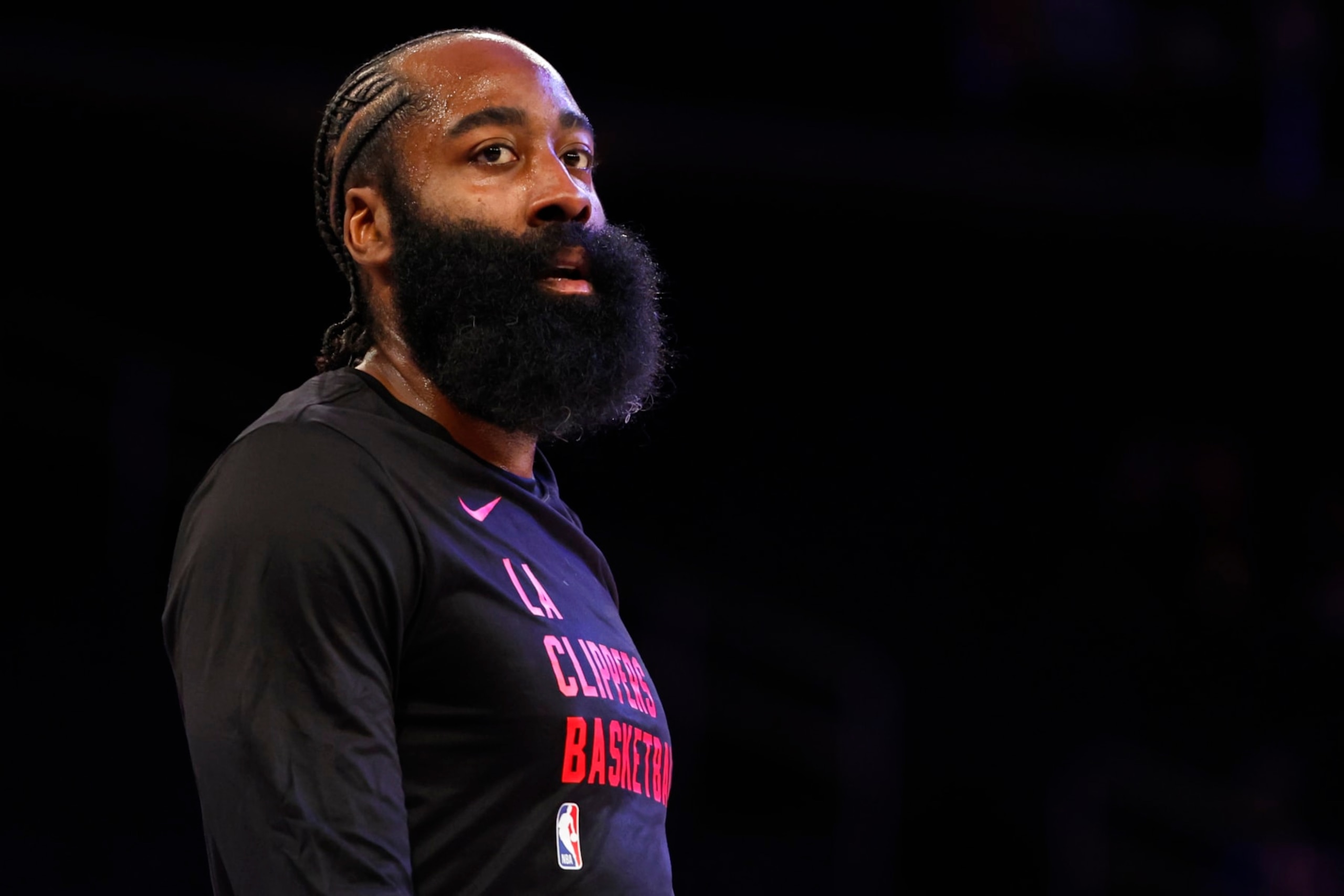 NEW YORK, NEW YORK - NOVEMBER 6: James Harden #1 of the LA Clippers looks on before the start of a game against the New York Knicks at Madison Square Garden on November 6, 2023 in New York City.  NOTE TO USER: User expressly acknowledges and agrees that, by downloading and or using this photograph, User is consenting to the terms and conditions of the Getty Images License Agreement. (Photo by Rich Schultz/Getty Images)