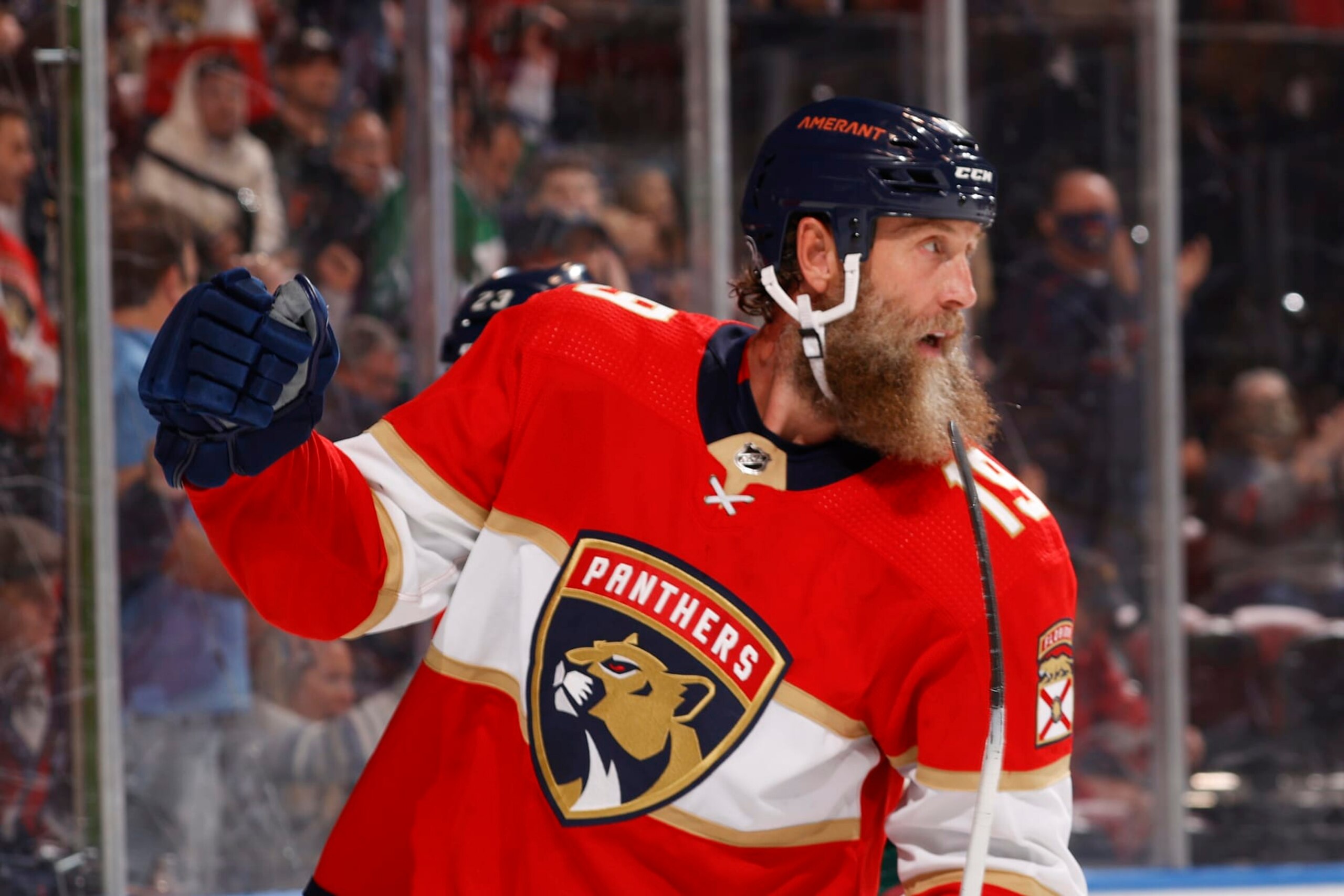 SUNRISE, FL - OCTOBER 25: Joe Thornton #19 of the Florida Panthers celebrates his first-period goal against the Arizona Coyotes at the FLA Live Arena on October 25, 2021 in Sunrise, Florida. (Photo by Joel Auerbach/Getty Images)