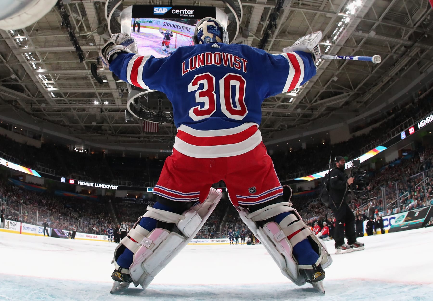SAN JOSE, CA - JANUARY 25:  Goaltender Henrik Lundqvist #30 of the New York Rangers celebrates after competing in the Ticketmaster NHL Save Streak during the 2019 SAP NHL All-Star Skills at SAP Center on January 25, 2019 in San Jose, California.  (Photo by Jeff Vinnick/NHLI via Getty Images)