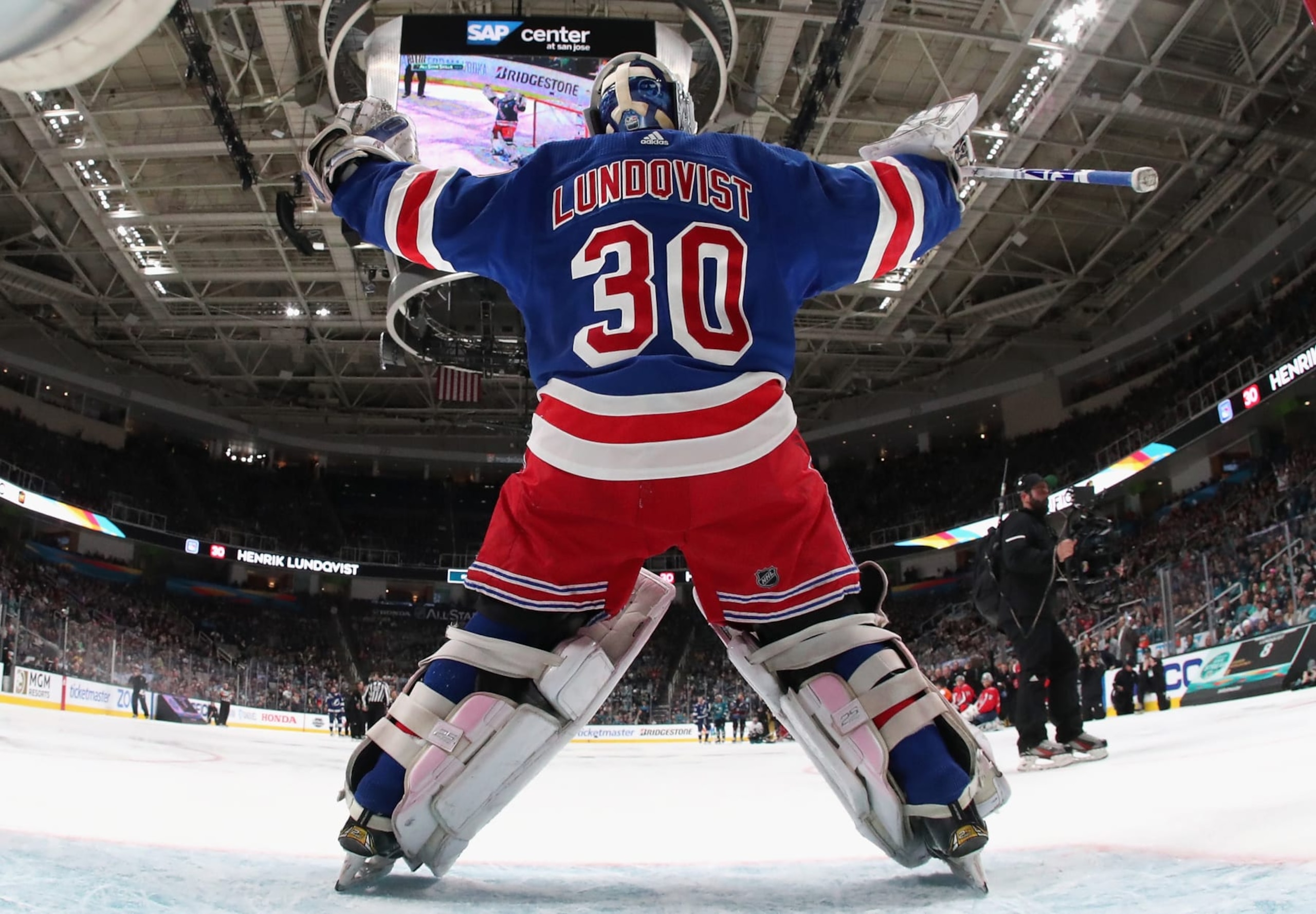 SAN JOSE, CA - JANUARY 25:  Goaltender Henrik Lundqvist #30 of the New York Rangers celebrates after competing in the Ticketmaster NHL Save Streak during the 2019 SAP NHL All-Star Skills at SAP Center on January 25, 2019 in San Jose, California.  (Photo by Jeff Vinnick/NHLI via Getty Images)