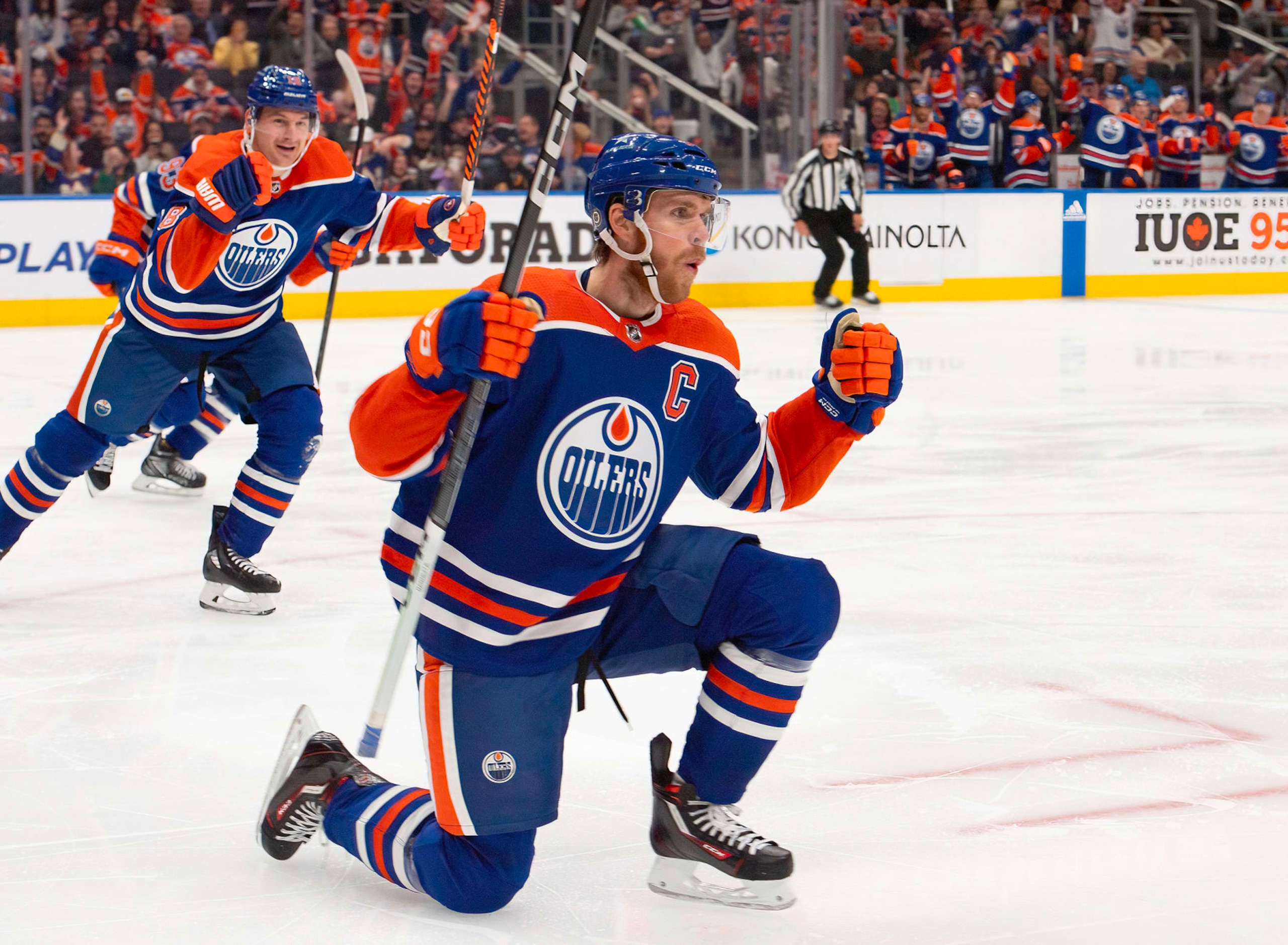 EDMONTON, CANADA - OCTOBER 14: Connor McDavid #97 of the Edmonton Oilers celebrates after his second period goal against the Vancouver Canucks at Rogers Place on October 14, 2023, in Edmonton, Alberta, Canada. (Photo by Andy Devlin/NHLI via Getty Images)