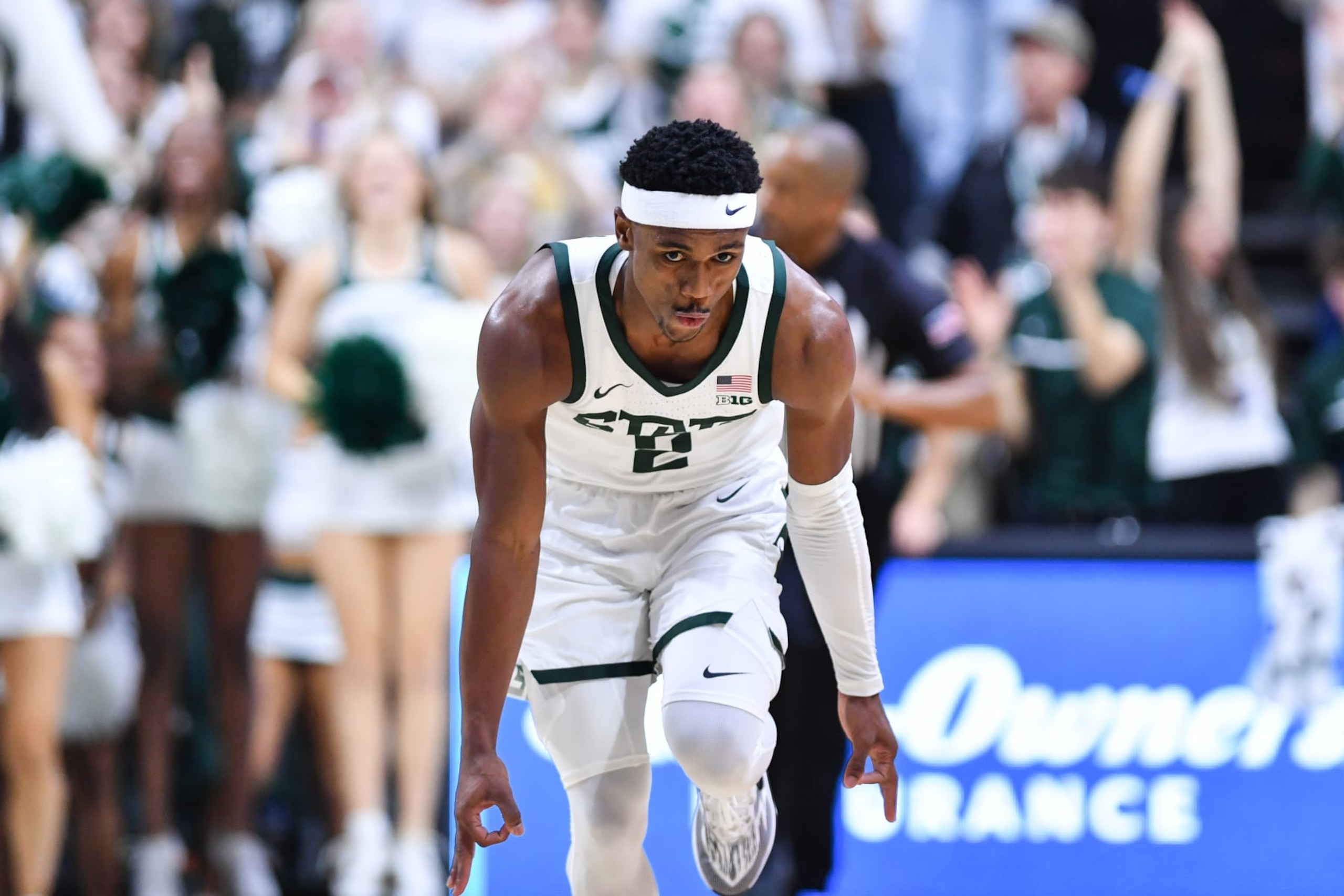 EAST LANSING, MI - OCTOBER 29: Michigan State Spartans guard Tyson Walker (2) celebrates a second half three-pointer during a college basketball exhibition game between the Michigan State Spartans and Tennessee Volunteers on October 29, 2023 at the Breslin Center in East Lansing, MI. (Photo by Adam Ruff/Icon Sportswire via Getty Images)