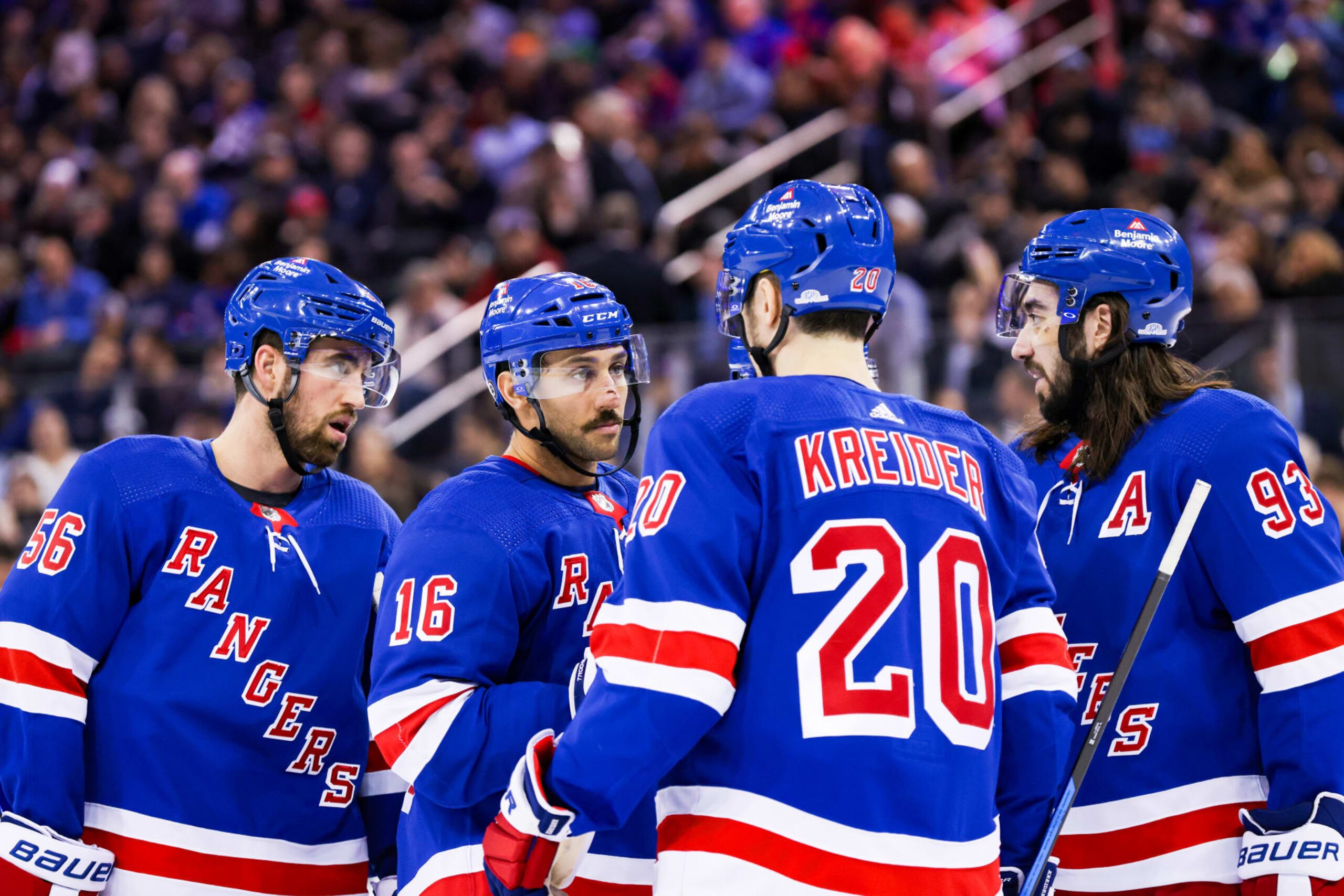 NEW YORK, NY - NOVEMBER 02: The New York Rangers talk during a stoppage in play in the National Hockey League game between the Carolina Hurricanes and the New York Rangers on November 2, 2023 at Madison Square Garden in New York, NY. (Photo by Joshua Sarner/Icon Sportswire via Getty Images)