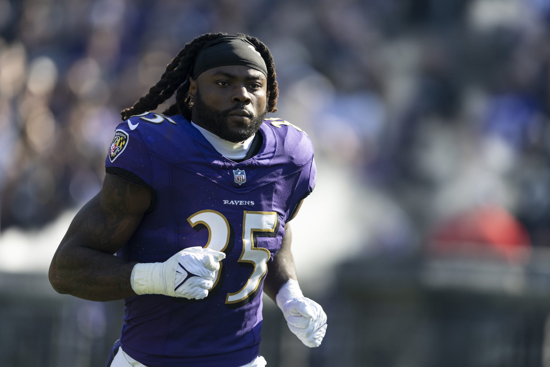 BALTIMORE, MARYLAND - NOVEMBER 05: Gus Edwards #35 of the Baltimore Ravens takes the field prior to an NFL football game between the Baltimore Ravens and the Seattle Seahawks at M&T Bank Stadium on November 05, 2023 in Baltimore, Maryland. (Photo by Michael Owens/Getty Images)
