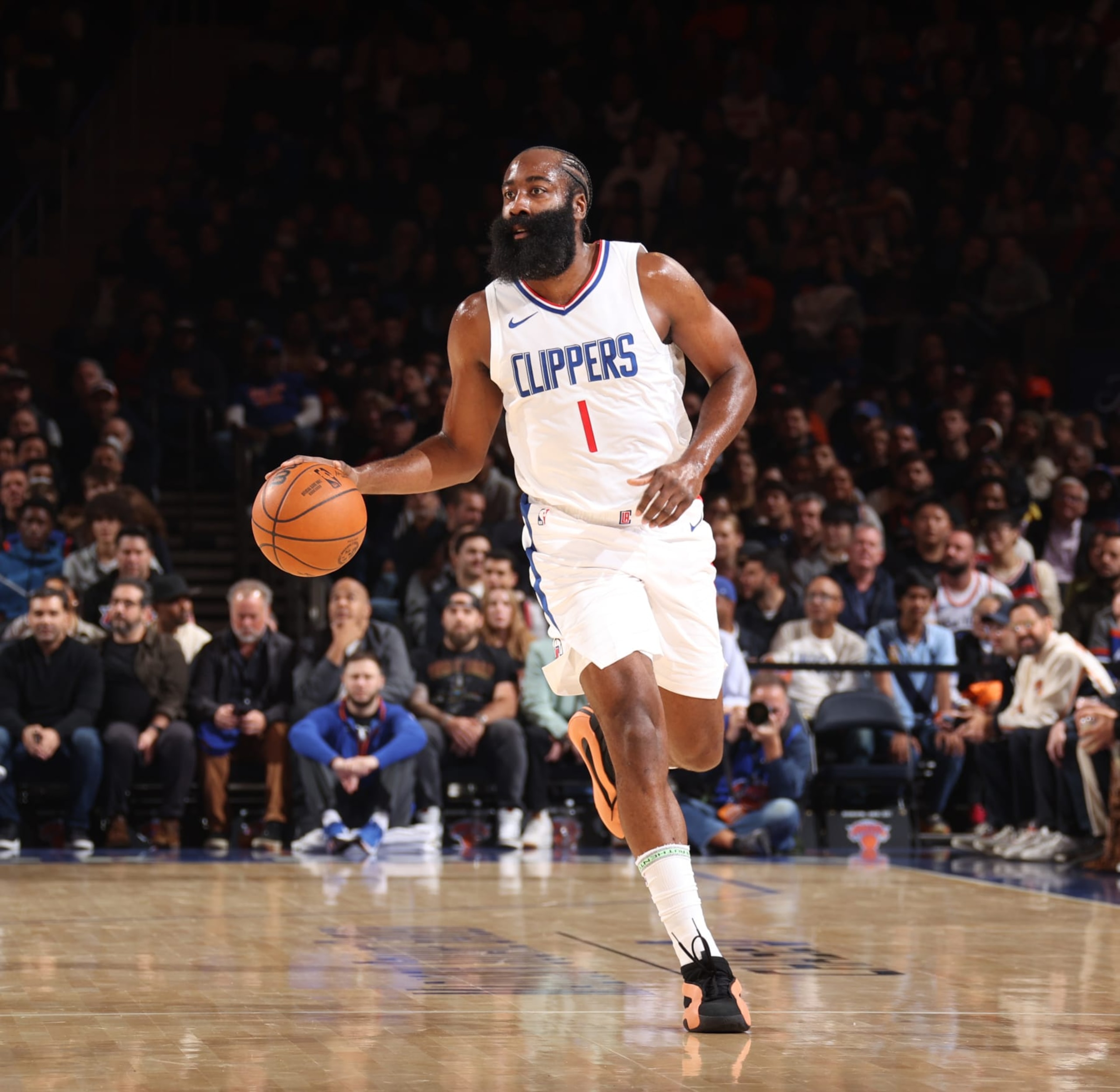 NEW YORK, NY - NOVEMBER 6: James Harden #1 of the LA Clippers dribbles the ball during the game against the New York Knicks on November 6, 2023 at Madison Square Garden in New York, NY. NOTE TO USER: User expressly acknowledges and agrees that, by downloading and or using this Photograph, user is consenting to the terms and conditions of the Getty Images License Agreement. Mandatory Copyright Notice: Copyright 2023 NBAE (Photo by Stephen Gosling/NBAE via Getty Images)