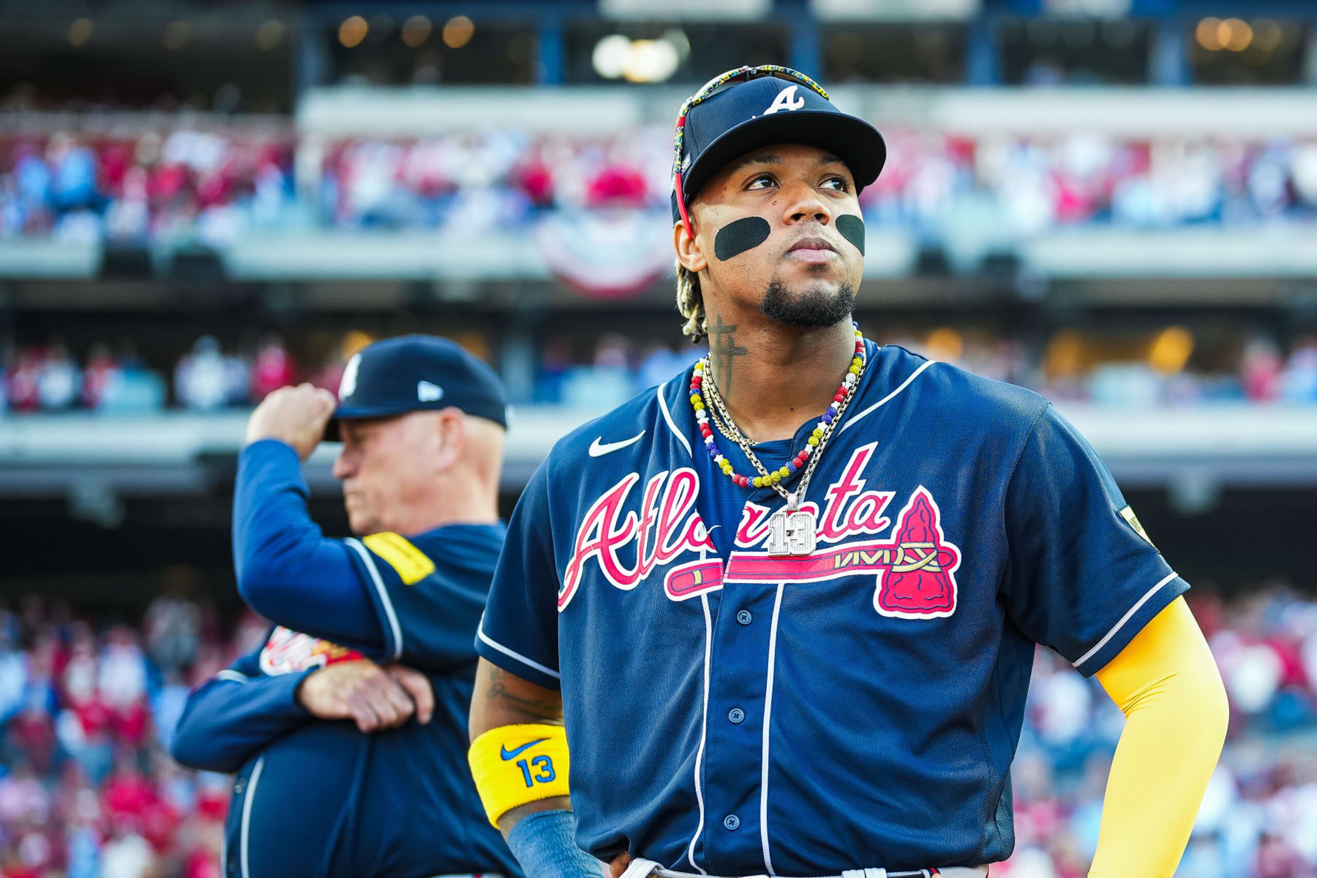 PHILADELPHIA, PENNSYLVANIA - OCTOBER 11:  Ronald Acuna Jr. #13 of the Atlanta Braves looks on before Game Three of the Division Series against the Philadelphia Phillies at Citizens Bank Park on October 11, 2023 in Philadelphia, Pennsylvania. (Photo by Kevin D. Liles/Atlanta Braves/Getty Images)