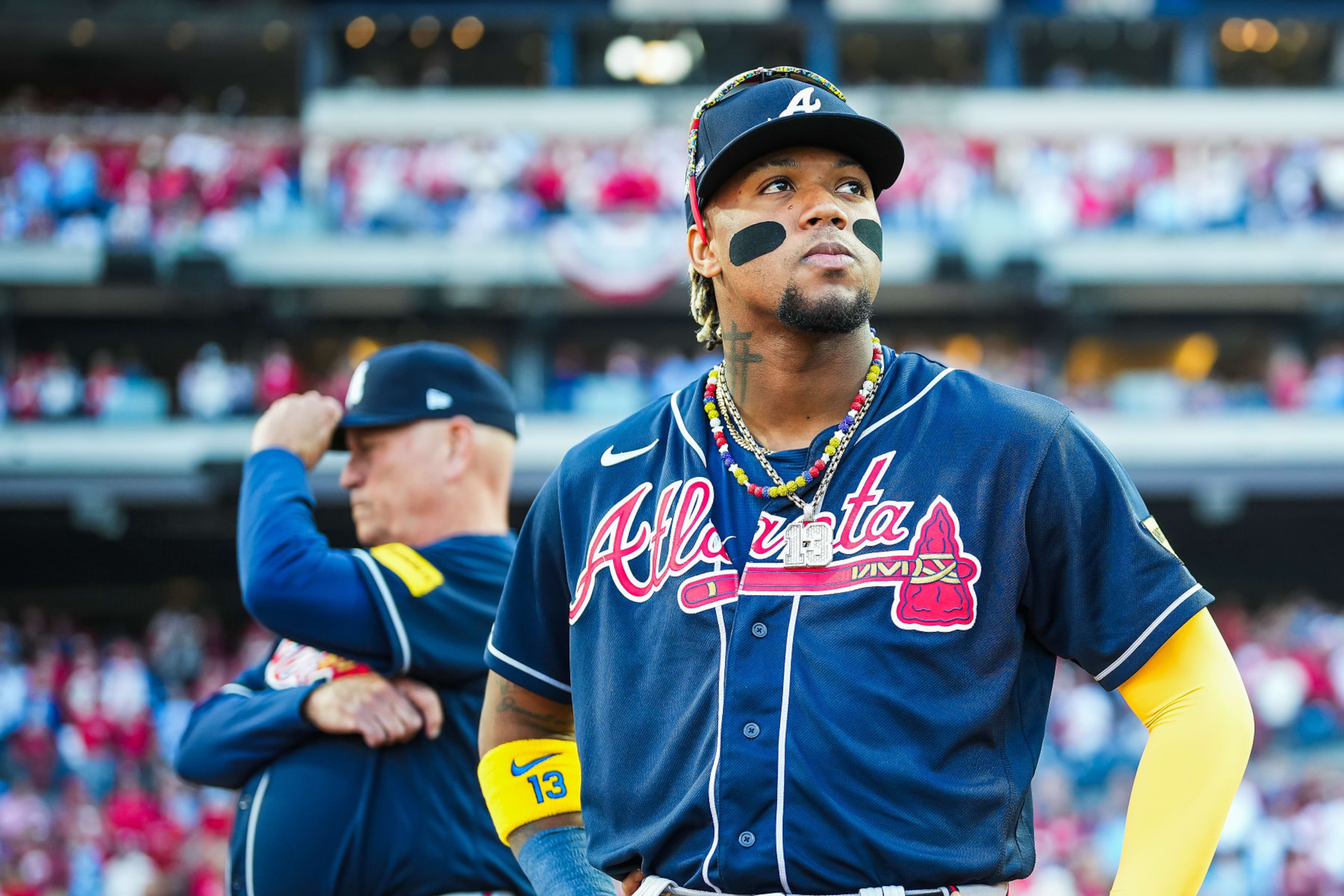 PHILADELPHIA, PENNSYLVANIA - OCTOBER 11:  Ronald Acuna Jr. #13 of the Atlanta Braves looks on before Game Three of the Division Series against the Philadelphia Phillies at Citizens Bank Park on October 11, 2023 in Philadelphia, Pennsylvania. (Photo by Kevin D. Liles/Atlanta Braves/Getty Images)