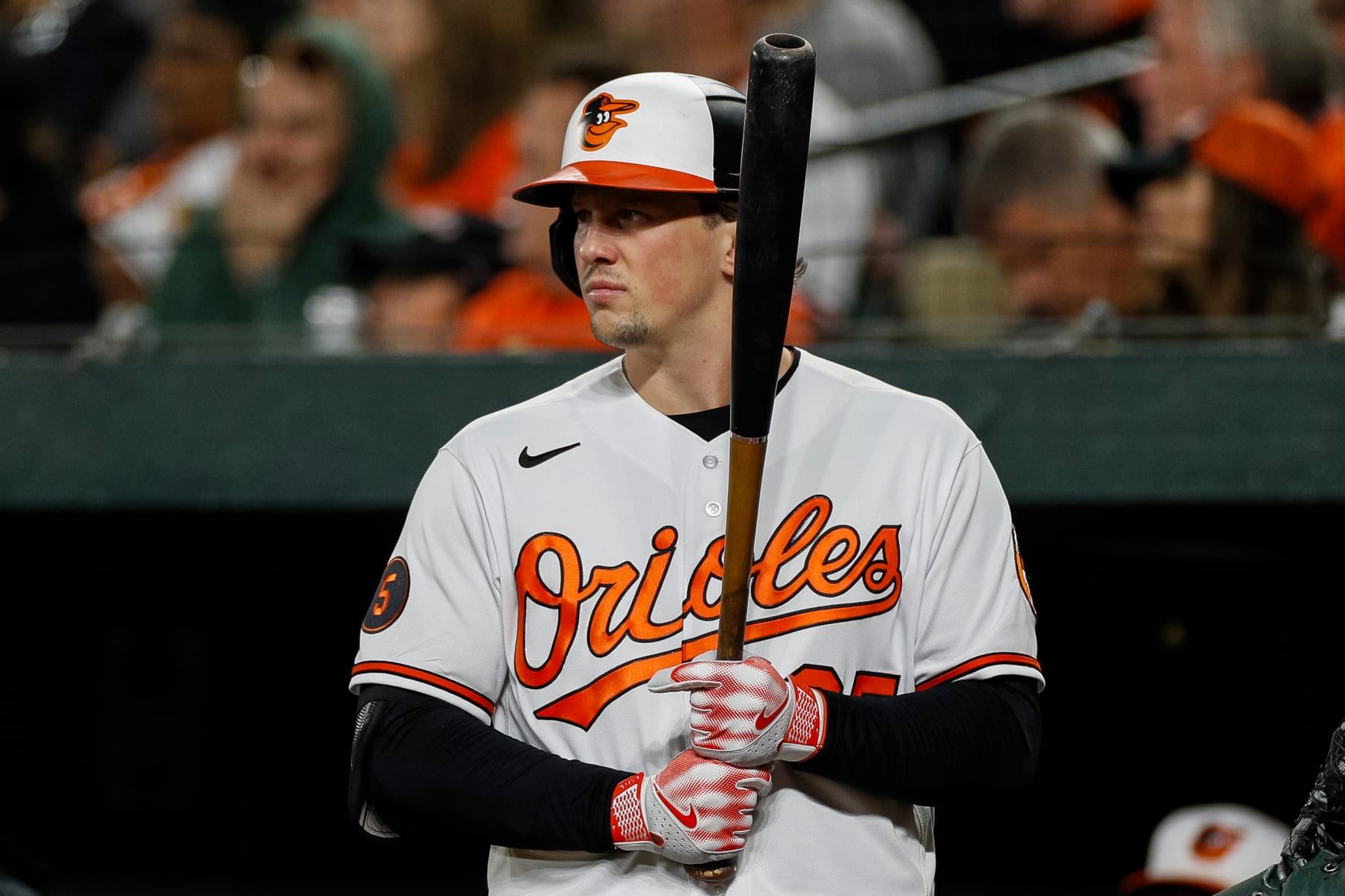 BALTIMORE, MARYLAND - SEPTEMBER 28: Adley Rutschman #35 of the Baltimore Orioles waits in the on-deck circle in the sixth inning against the Boston Red Sox at Oriole Park at Camden Yards on September 28, 2023 in Baltimore, Maryland. (Photo by Brandon Sloter/Image Of Sport/Getty Images)