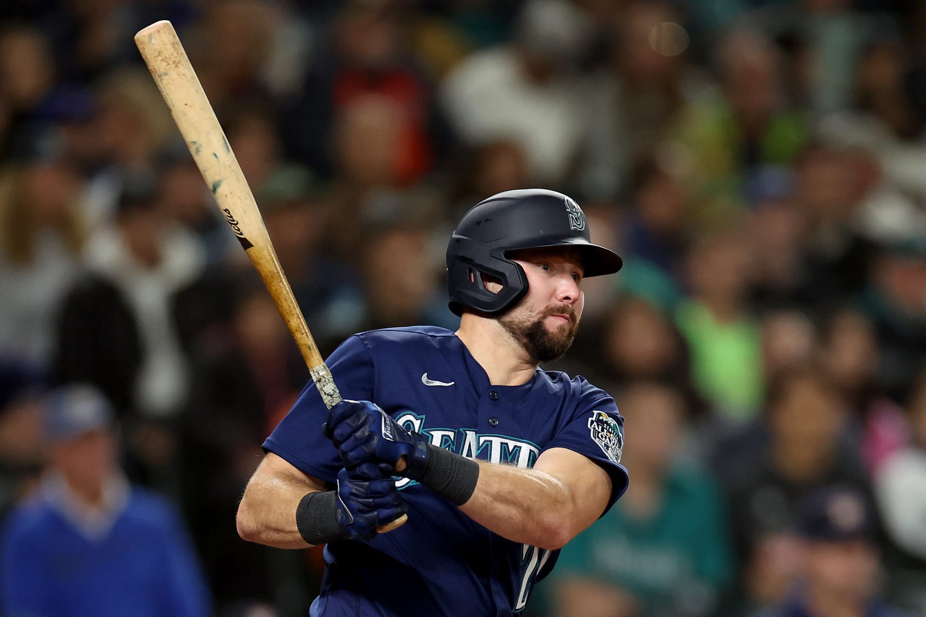 SEATTLE, WASHINGTON - SEPTEMBER 26: Cal Raleigh #29 of the Seattle Mariners at bat \ahat T-Mobile Park on September 26, 2023 in Seattle, Washington. (Photo by Steph Chambers/Getty Images)
