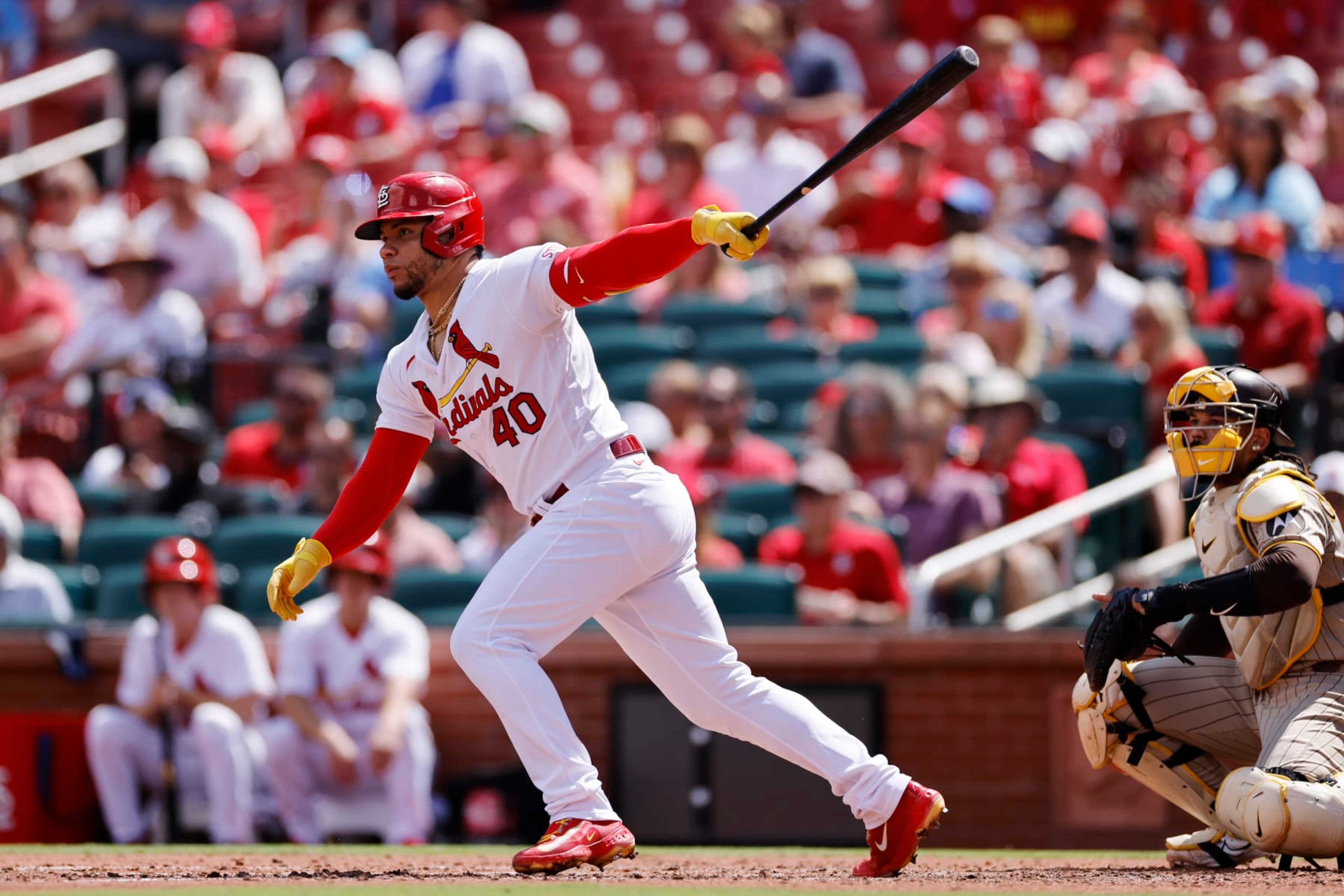 ST. LOUIS, MO - AUGUST 30: St. Louis Cardinals designated hitter Willson Contreras (40) hits a double in the fourth inning of an MLB game against the San Diego Padres on August 30, 2023 at Busch Stadium in St. Louis, Missouri. (Photo by Joe Robbins/Icon Sportswire via Getty Images)