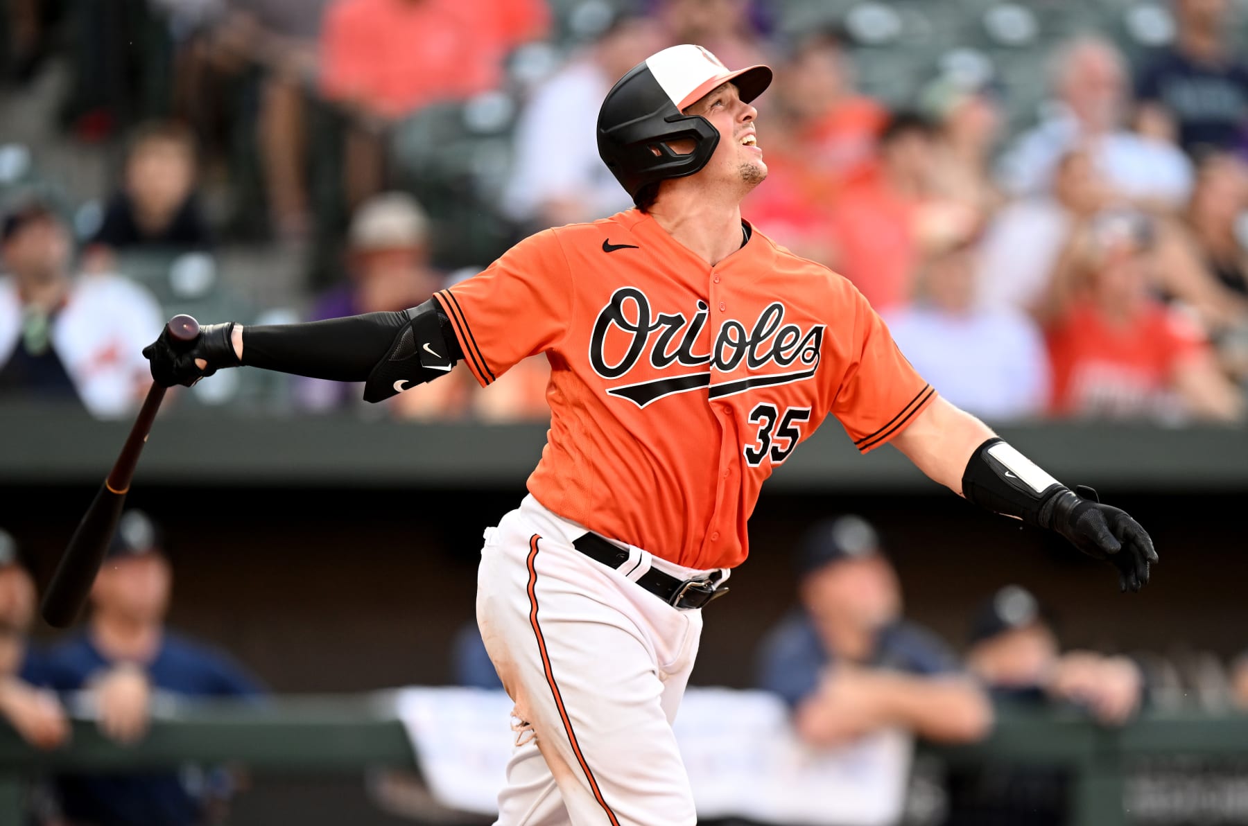 BALTIMORE, MARYLAND - JUNE 24: Adley Rutschman #35 of the Baltimore Orioles bats against the Seattle Mariners at Oriole Park at Camden Yards on June 24, 2023 in Baltimore, Maryland. (Photo by G Fiume/Getty Images)