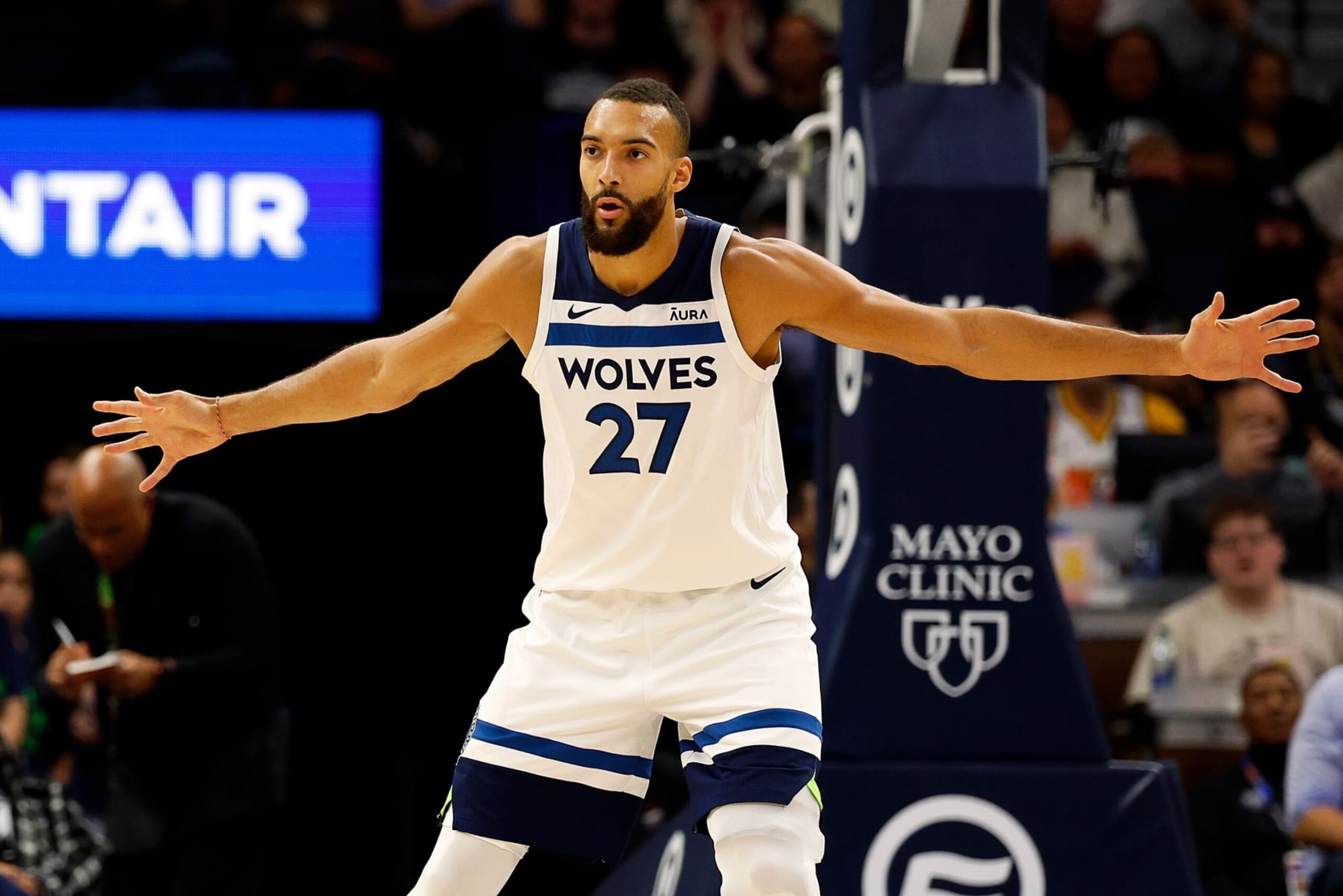 MINNEAPOLIS, MINNESOTA - NOVEMBER 01: Rudy Gobert #27 of the Minnesota Timberwolves defends against the Denver Nuggets in the first quarter at Target Center on November 01, 2023 in Minneapolis, Minnesota. The Timberwolves defeated the Nuggets 110-89. NOTE TO USER: User expressly acknowledges and agrees that, by downloading and or using this photograph, User is consenting to the terms and conditions of the Getty Images License Agreement. (Photo by David Berding/Getty Images)