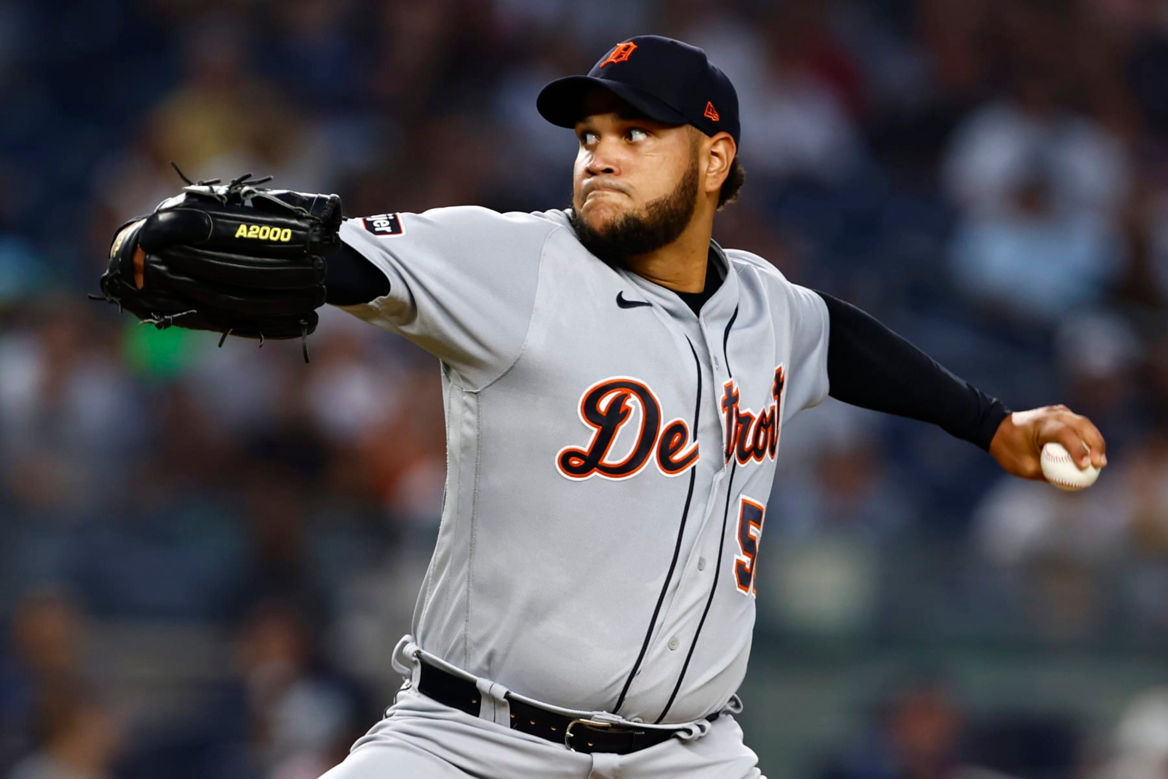 NEW YORK, NEW YORK - SEPTEMBER 7: Eduardo Rodriguez #57 of the Detroit Tigers delivers a pitch against the New York Yankees during the first inning of a game at Yankee Stadium on September 7, 2023 in New York City. (Photo by Rich Schultz/Getty Images)