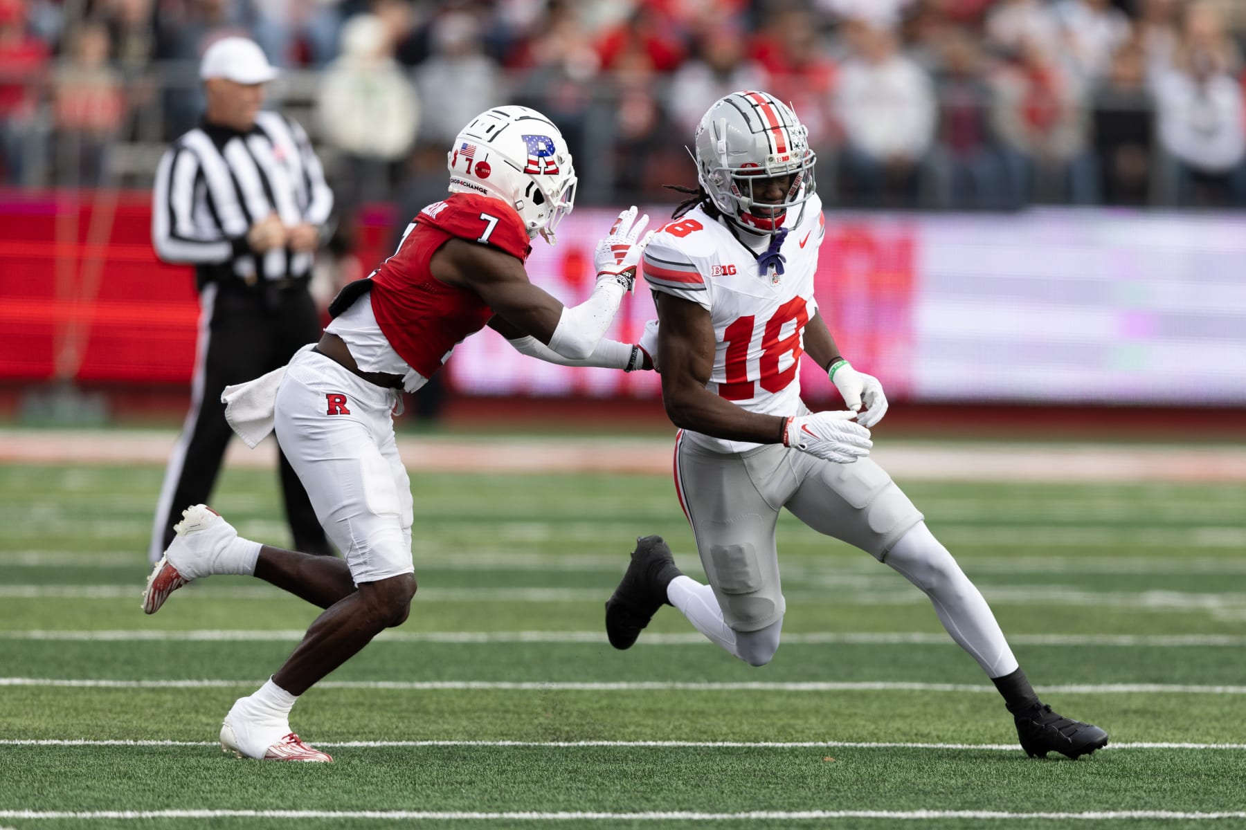 PISCATAWAY, NJ - NOVEMBER 04:  Marvin Harrison Jr. #18 of the Ohio State Buckeyes during the game against the Rutgers Scarlet Knights on November 4, 2023 at SHI Stadium in Piscataway, New Jersey.  (Photo by Rich Graessle/Icon Sportswire via Getty Images)