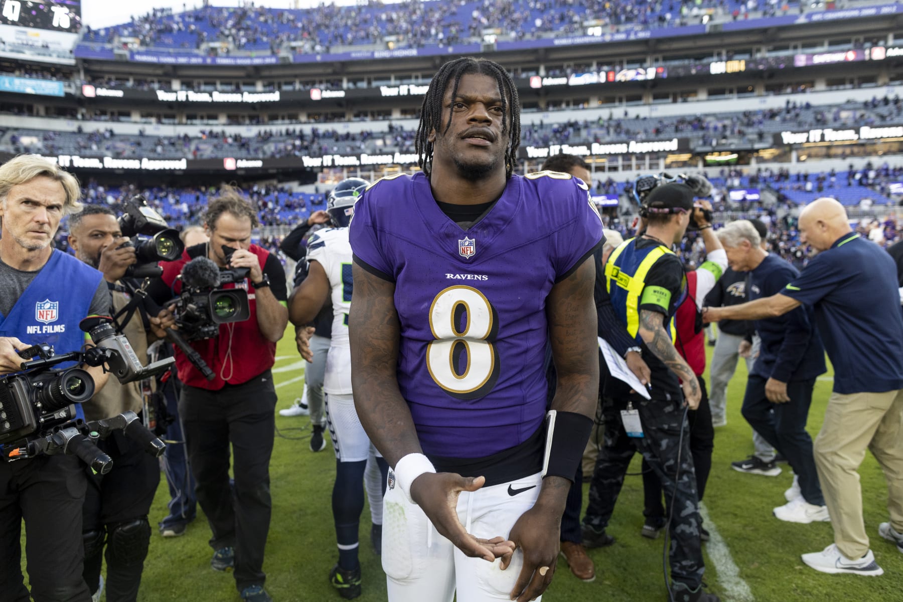 BALTIMORE, MARYLAND - NOVEMBER 05: Lamar Jackson #8 of the Baltimore Ravens reacts following an NFL football game between the Baltimore Ravens and the Seattle Seahawks at M&T Bank Stadium on November 05, 2023 in Baltimore, Maryland. (Photo by Michael Owens/Getty Images)