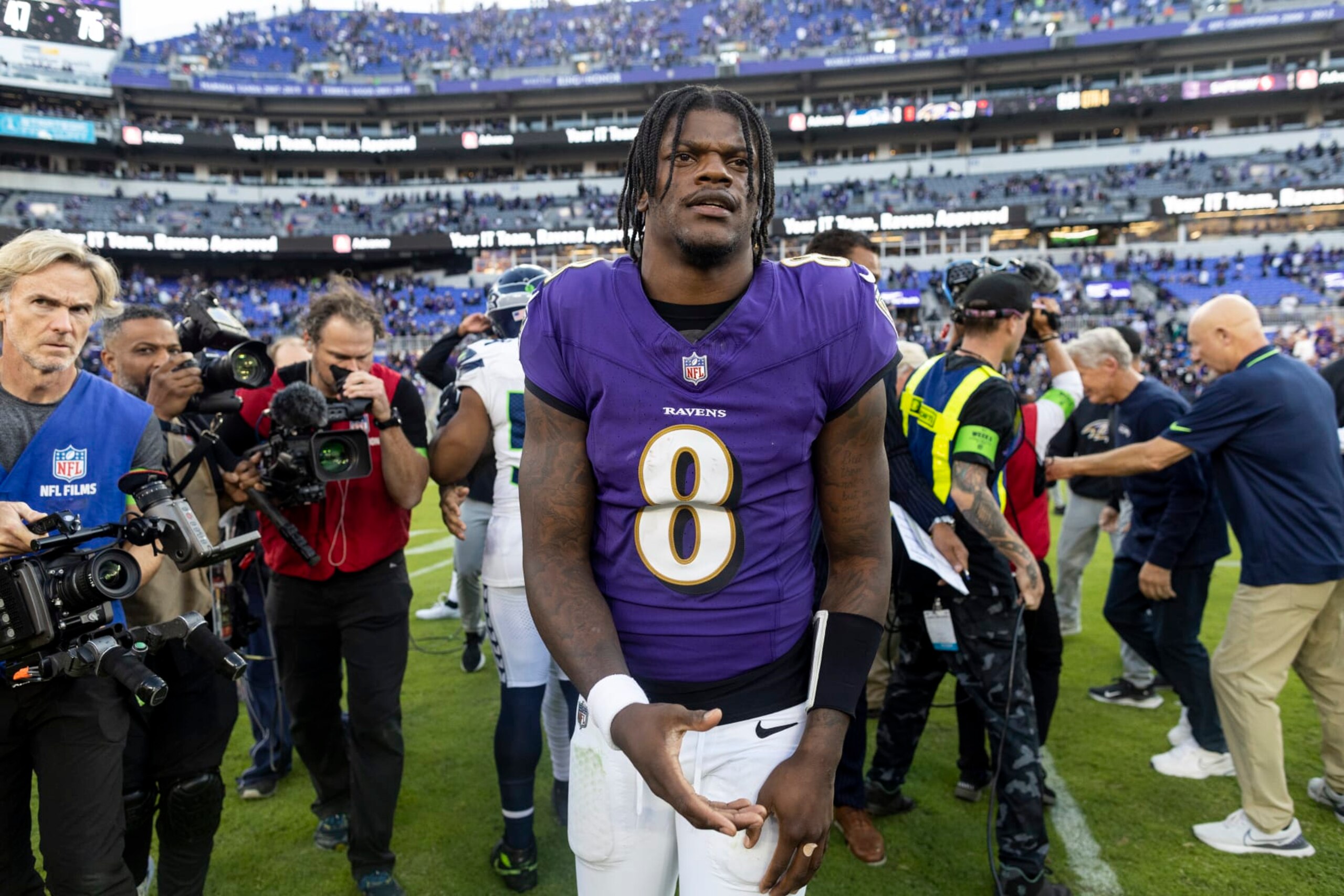 BALTIMORE, MARYLAND - NOVEMBER 05: Lamar Jackson #8 of the Baltimore Ravens reacts following an NFL football game between the Baltimore Ravens and the Seattle Seahawks at M&T Bank Stadium on November 05, 2023 in Baltimore, Maryland. (Photo by Michael Owens/Getty Images)