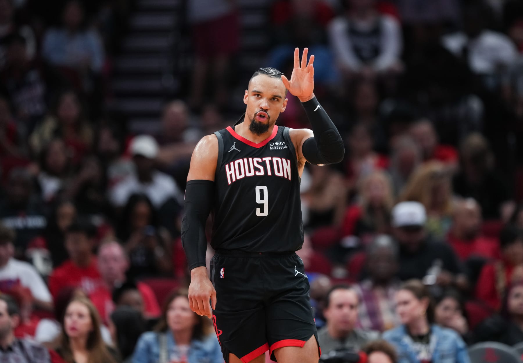 HOUSTON, TEXAS - NOVEMBER 04: Dillon Brooks #9 of the Houston Rockets gestures during the game against the Sacramento Kings at Toyota Center on November 04, 2023 in Houston, Texas. NOTE TO USER: User expressly acknowledges and agrees that, by downloading and or using this photograph, User is consenting to the terms and conditions of the Getty Images License Agreement. (Photo by Alex Bierens de Haan/Getty Images)