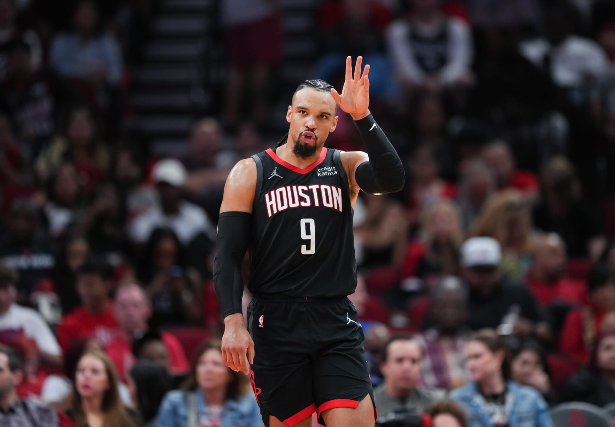 HOUSTON, TEXAS - NOVEMBER 04: Dillon Brooks #9 of the Houston Rockets gestures during the game against the Sacramento Kings at Toyota Center on November 04, 2023 in Houston, Texas. NOTE TO USER: User expressly acknowledges and agrees that, by downloading and or using this photograph, User is consenting to the terms and conditions of the Getty Images License Agreement. (Photo by Alex Bierens de Haan/Getty Images)