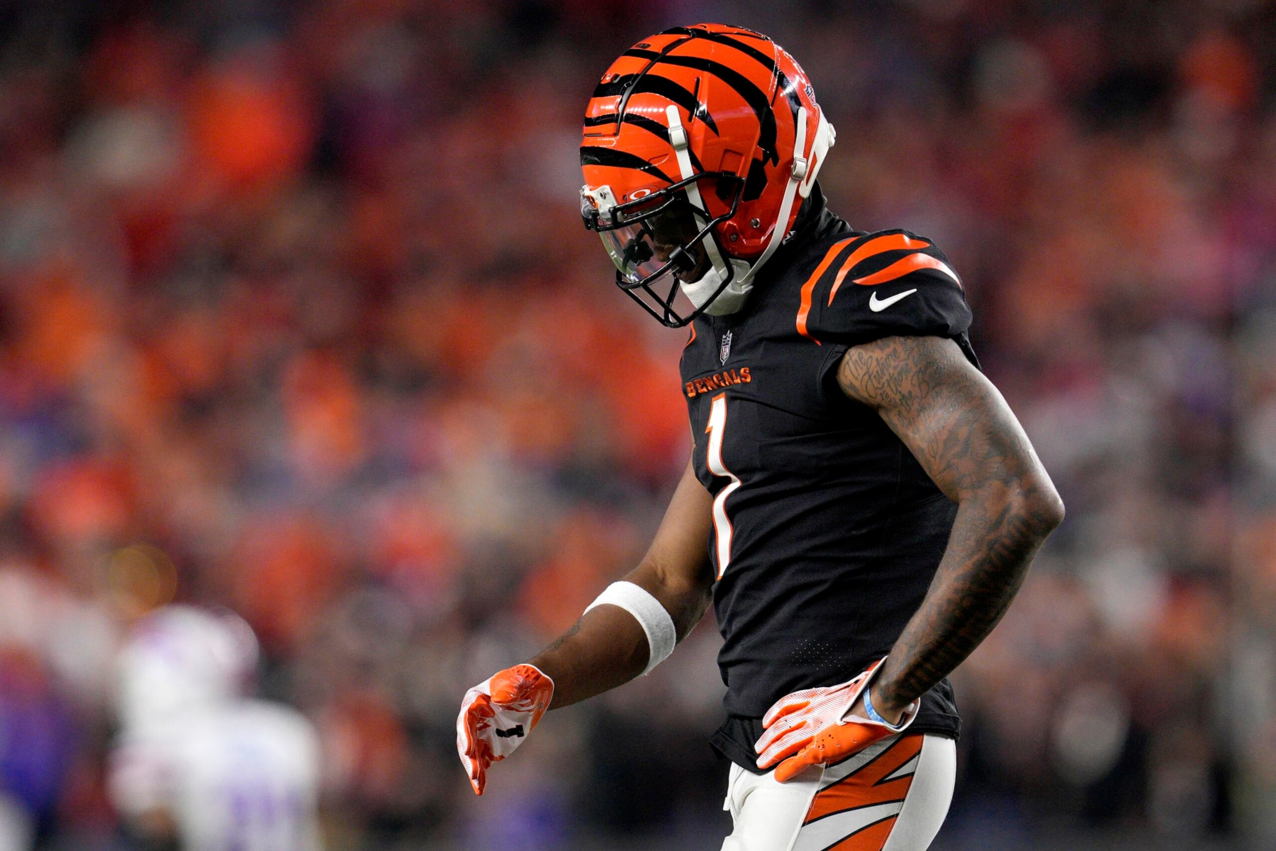CINCINNATI, OHIO - NOVEMBER 05:  Ja'Marr Chase #1 of the Cincinnati Bengals reacts after failing to catch a pass against the Buffalo Bills during the third quarter at Paycor Stadium on November 05, 2023 in Cincinnati, Ohio. (Photo by Jeff Dean/Getty Images)