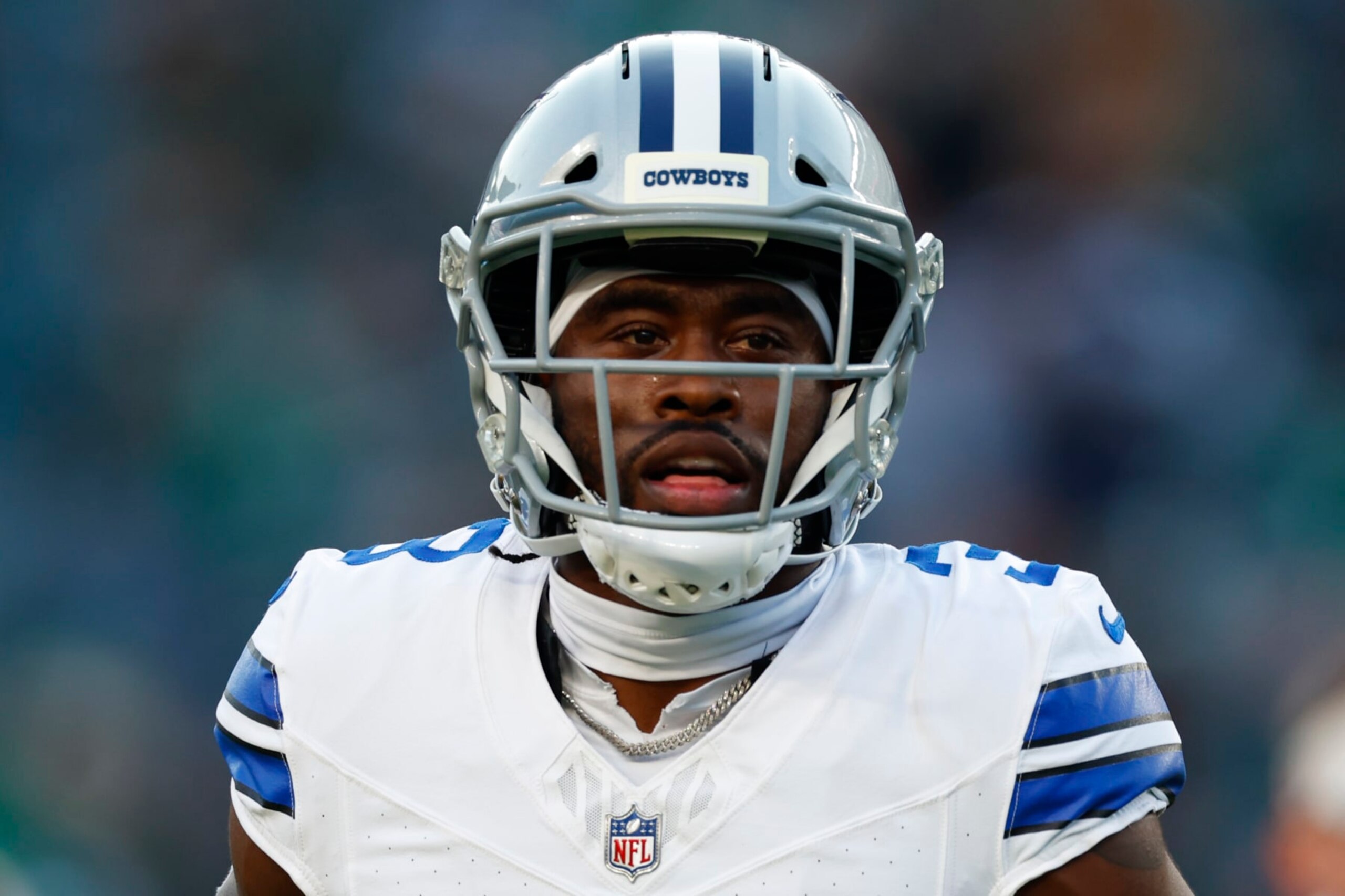 Dallas Cowboys wide receiver Brandin Cooks (3) warms up before an NFL football game against the Philadelphia Eagles, Sunday, Nov. 5, 2023, in Philadelphia. (AP Photo/Rich Schultz)
