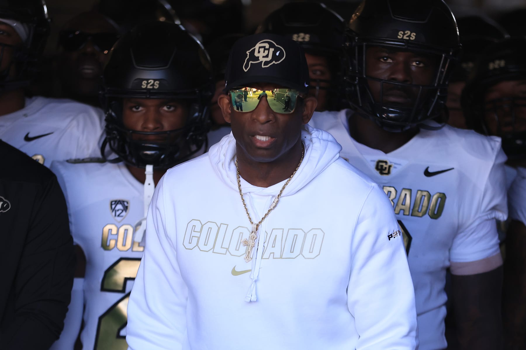 PASADENA, CALIFORNIA - OCTOBER 28: Head coach Deion Sanders of the Colorado Buffaloes looks on prior to a game against the UCLA Bruins at Rose Bowl Stadium on October 28, 2023 in Pasadena, California. (Photo by Sean M. Haffey/Getty Images)