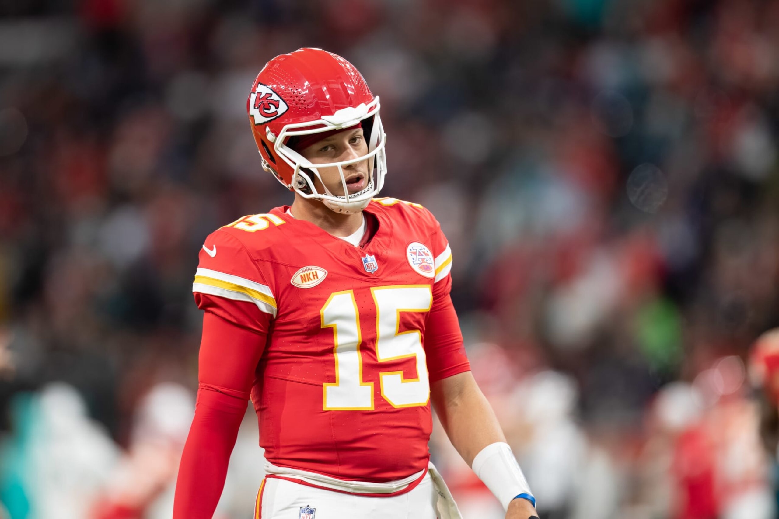 FRANKFURT AM MAIN, GERMANY - NOVEMBER 5: Patrick Mahomes of Kansas City Chiefs looks on during the NFL match between Miami Dolphins and Kansas City Chiefs at Deutsche Bank Park on November 5, 2023 in Frankfurt am Main, Germany. (Photo by Mario Hommes/DeFodi Images via Getty Images)