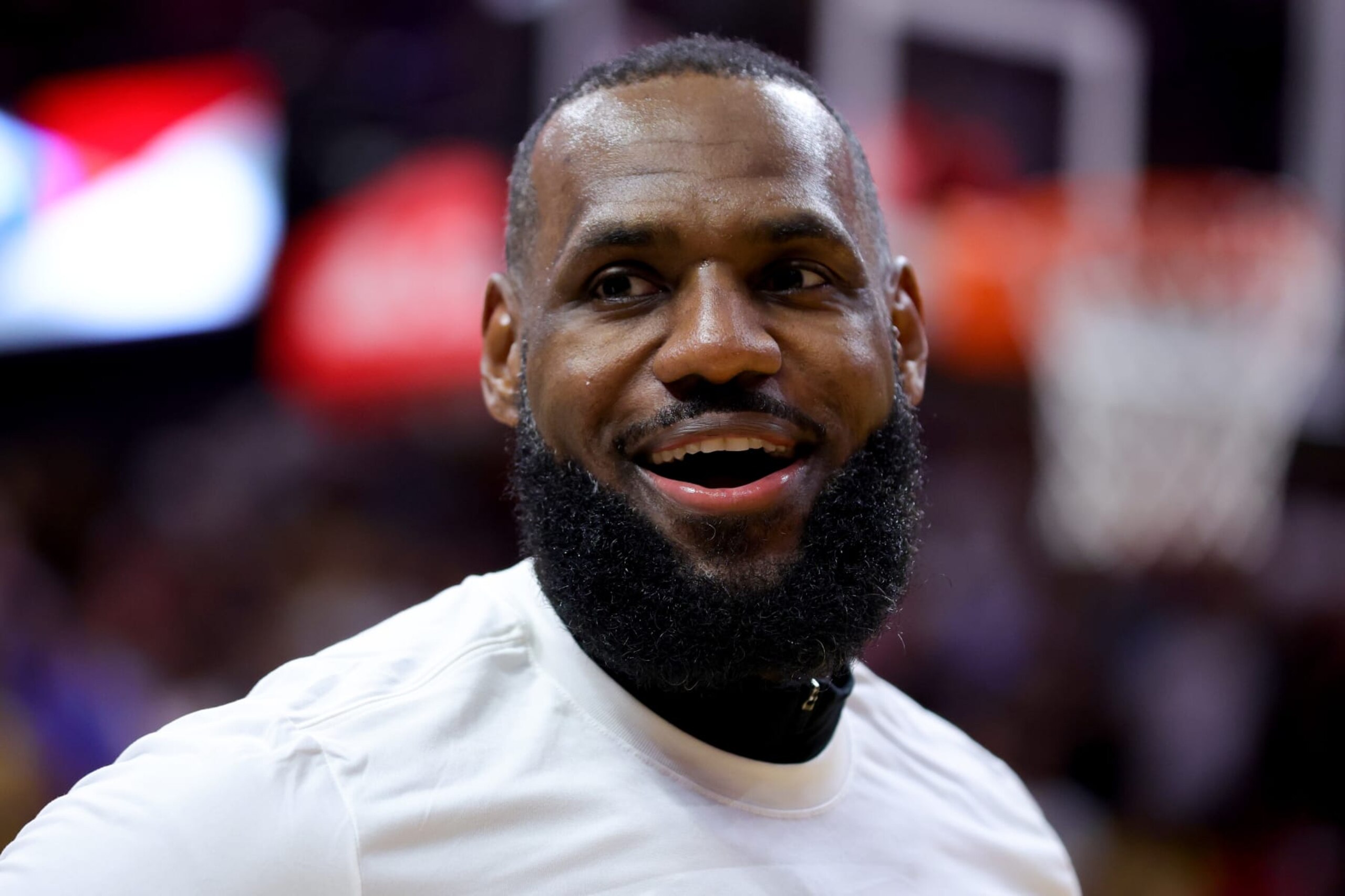 MIAMI, FLORIDA - NOVEMBER 06: LeBron James #23 of the Los Angeles Lakers looks on during the national anthem prior to a game against the Miami Heat at Kaseya Center on November 06, 2023 in Miami, Florida. NOTE TO USER: User expressly acknowledges and agrees that, by downloading and or using this photograph, User is consenting to the terms and conditions of the Getty Images License Agreement. (Photo by Megan Briggs/Getty Images)