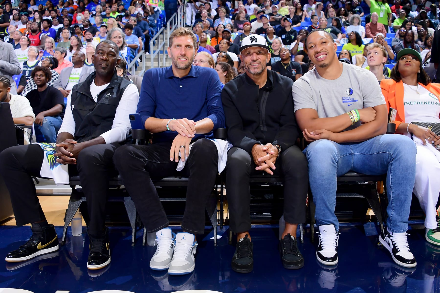 ARLINGTON, TX -  SEPTEMBER 19: Michael Finley, Dirk Nowitzki, Jason Kidd and Grant Williams attend round one game two of the 2023 WNBA Playoffs between the Atlanta Dream and Dallas Wings on September 19, 2023 at the College Park Center in Arlington, TX. NOTE TO USER: User expressly acknowledges and agrees that, by downloading and or using this photograph, User is consenting to the terms and conditions of the Getty Images License Agreement. Mandatory Copyright Notice: Copyright 2023 NBAE (Photo by Michael Gonzales/NBAE via Getty Images)