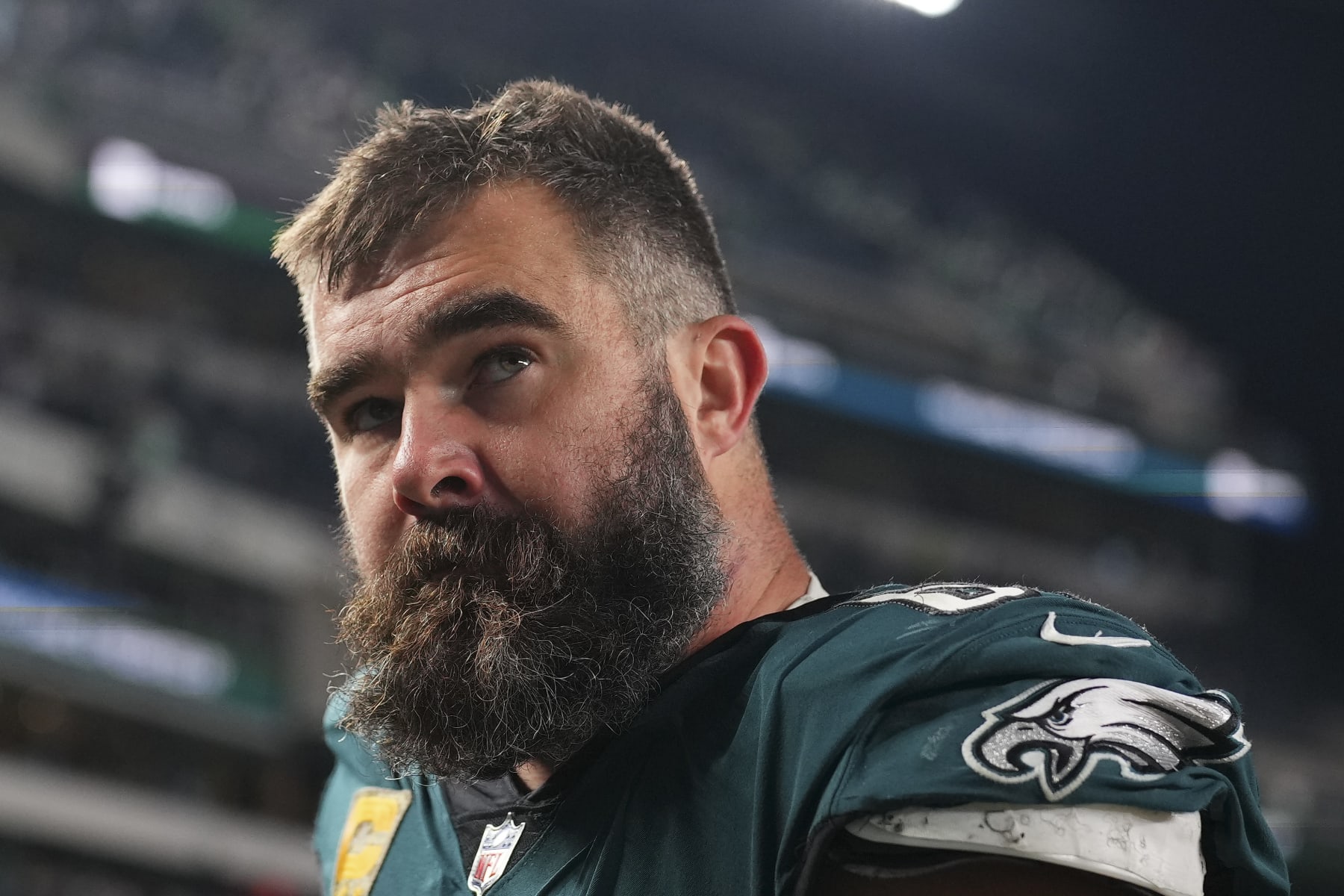 PHILADELPHIA, PENNSYLVANIA - NOVEMBER 5: Jason Kelce #62 of the Philadelphia Eagles looks on against the Dallas Cowboys at Lincoln Financial Field on November 5, 2023 in Philadelphia, Pennsylvania. (Photo by Mitchell Leff/Getty Images)