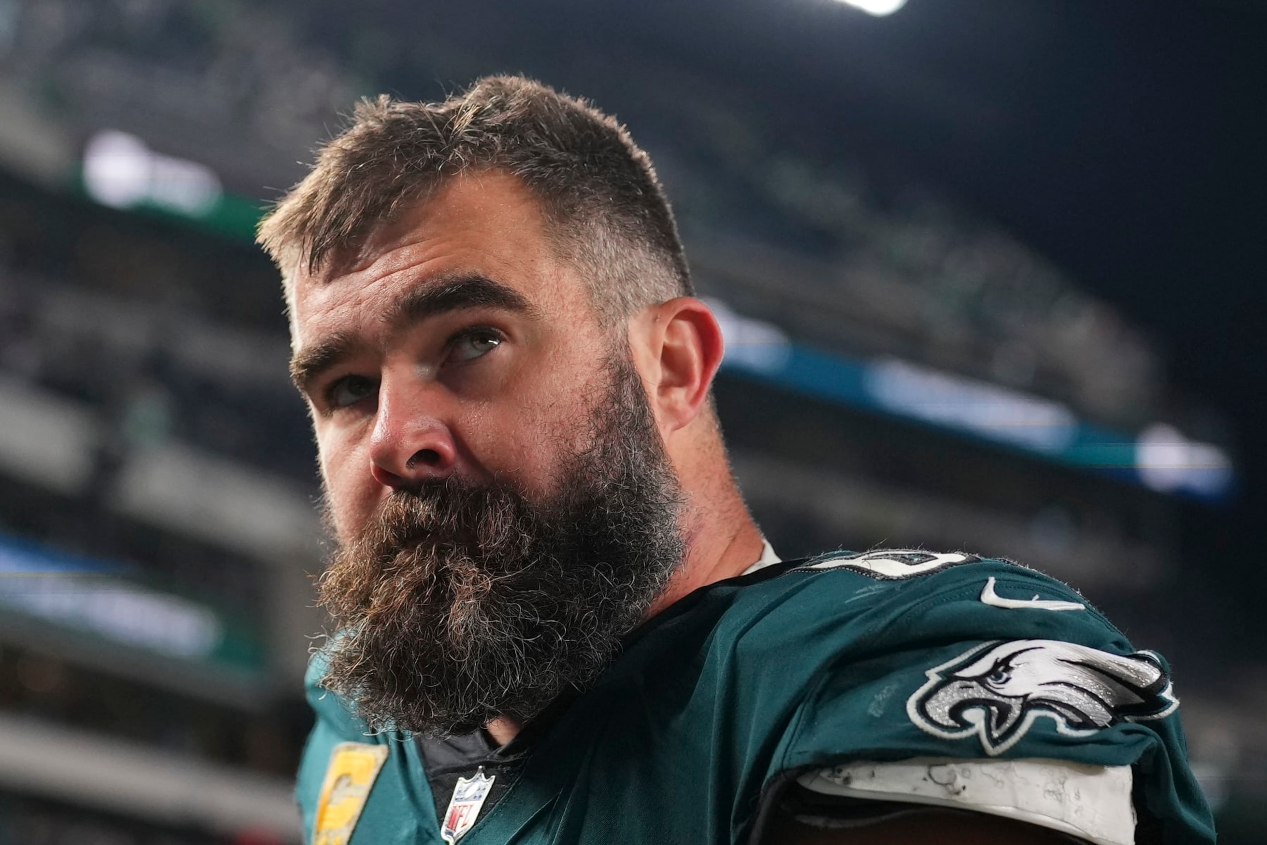 PHILADELPHIA, PENNSYLVANIA - NOVEMBER 5: Jason Kelce #62 of the Philadelphia Eagles looks on against the Dallas Cowboys at Lincoln Financial Field on November 5, 2023 in Philadelphia, Pennsylvania. (Photo by Mitchell Leff/Getty Images)