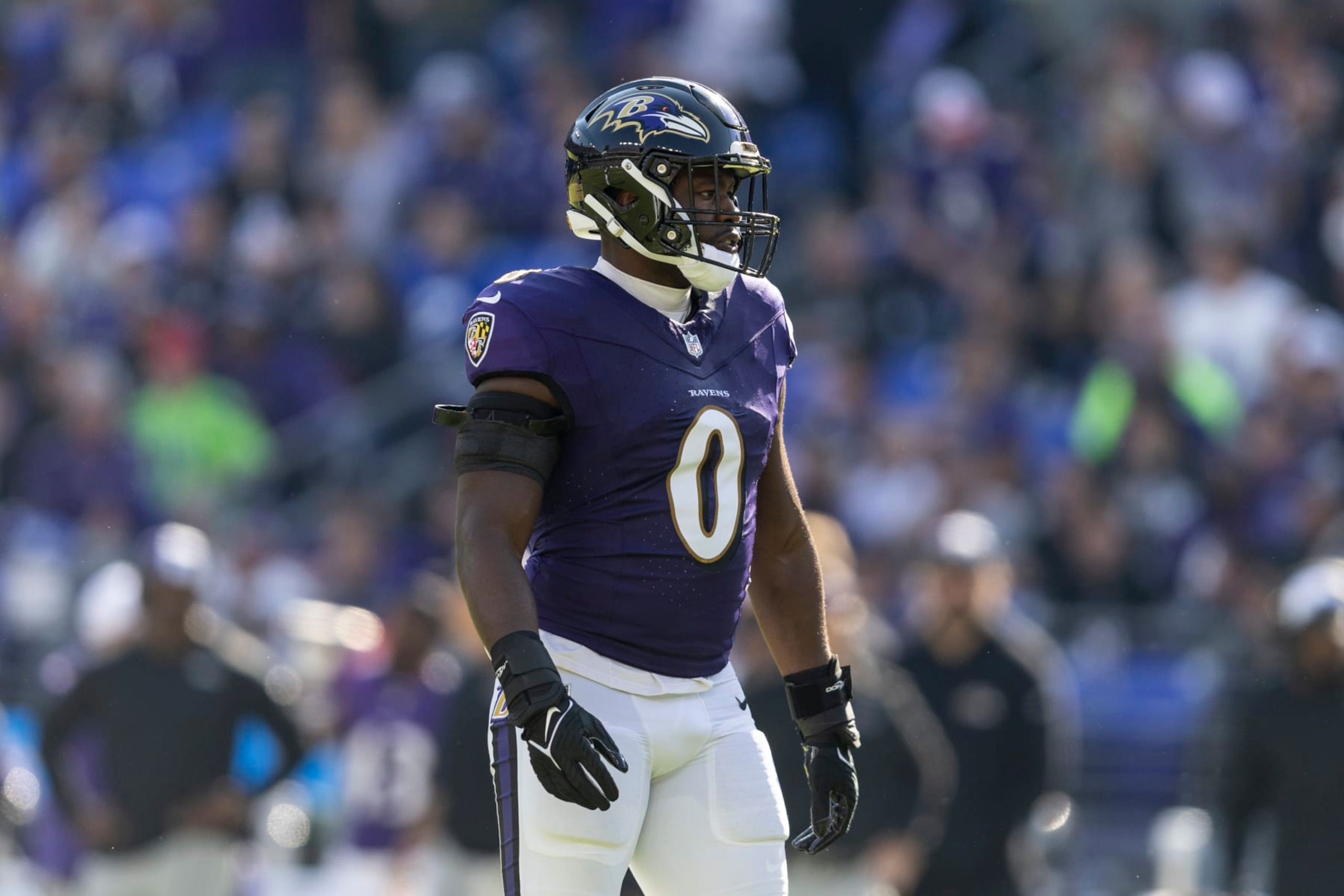 BALTIMORE, MARYLAND - NOVEMBER 05: Roquan Smith #0 of the Baltimore Ravens looks on during an NFL football game between the Baltimore Ravens and the Seattle Seahawks at M&T Bank Stadium on November 05, 2023 in Baltimore, Maryland. (Photo by Michael Owens/Getty Images)