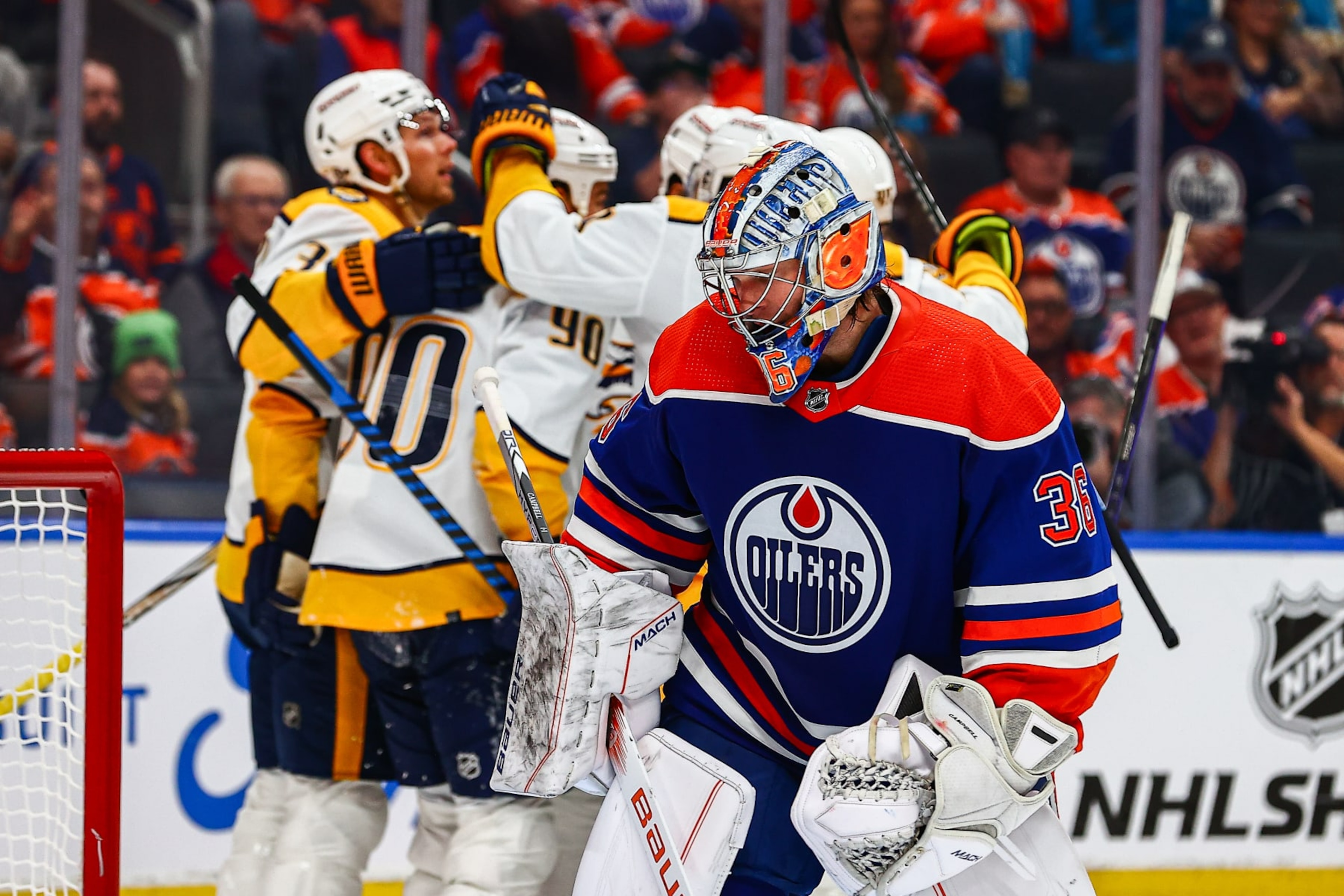 EDMONTON, AB - NOVEMBER 04: Edmonton Oilers Goalie Jack Campbell (36) takes a moment after a Nashville goal in the second period of the Edmonton Oilers game versus the Nashville Predators on November 4, 2023 at Rogers Place in Edmonton, AB. (Photo by Curtis Comeau/Icon Sportswire via Getty Images) EDMONTON, AB - NOVEMBER 04: Edmonton Oilers Goalie Jack Campbell (36) takes a moment after a Nashville goal in the second period of the Edmonton Oilers game versus the Nashville Predators on November 4, 2023 at Rogers Place in Edmonton, AB. (Photo by Curtis Comeau/Icon Sportswire via Getty Images)