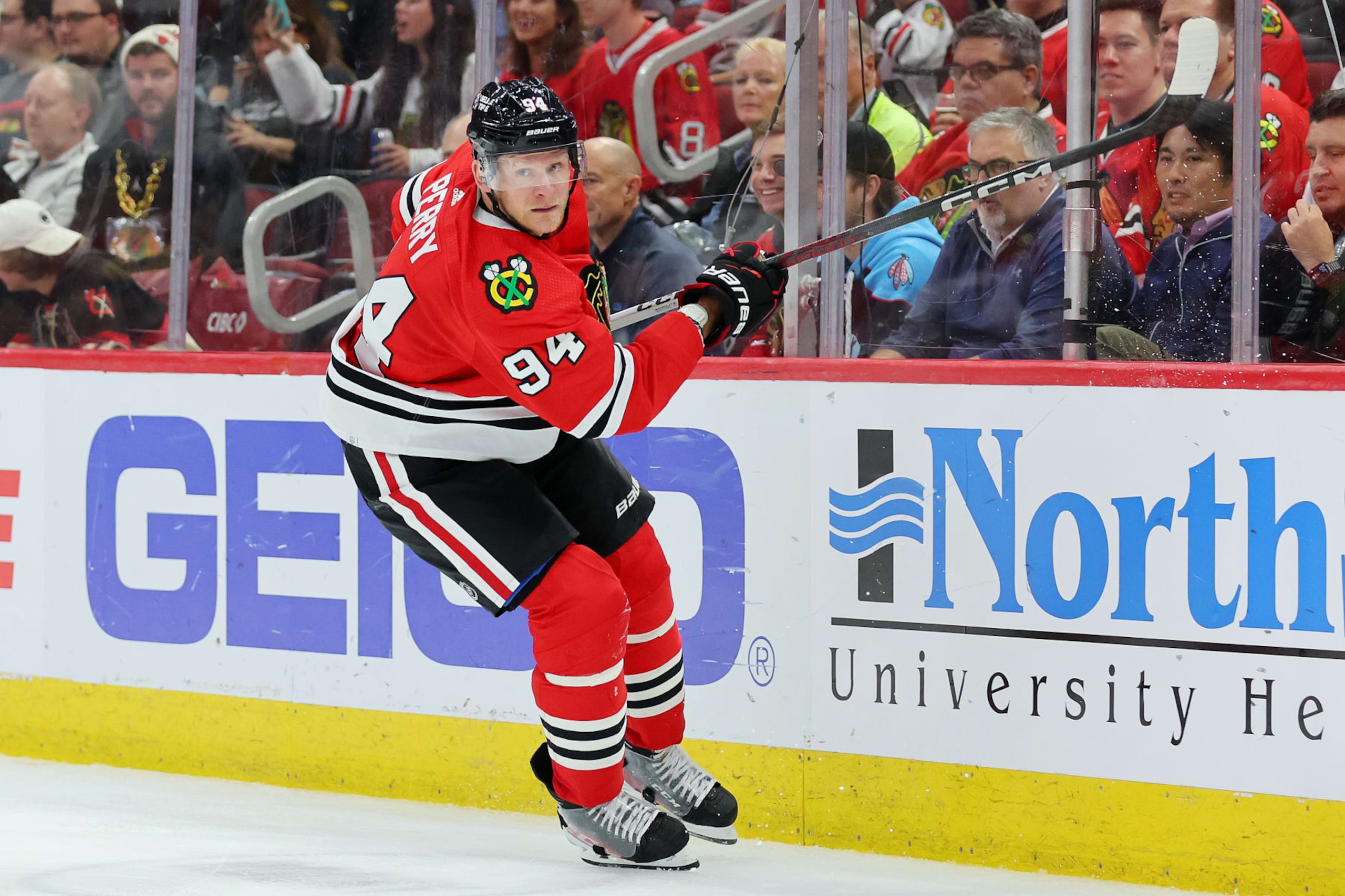 CHICAGO, ILLINOIS - OCTOBER 24: Corey Perry #94 of the Chicago Blackhawks skates against the Boston Bruins during the second period at the United Center on October 24, 2023 in Chicago, Illinois. (Photo by Michael Reaves/Getty Images)