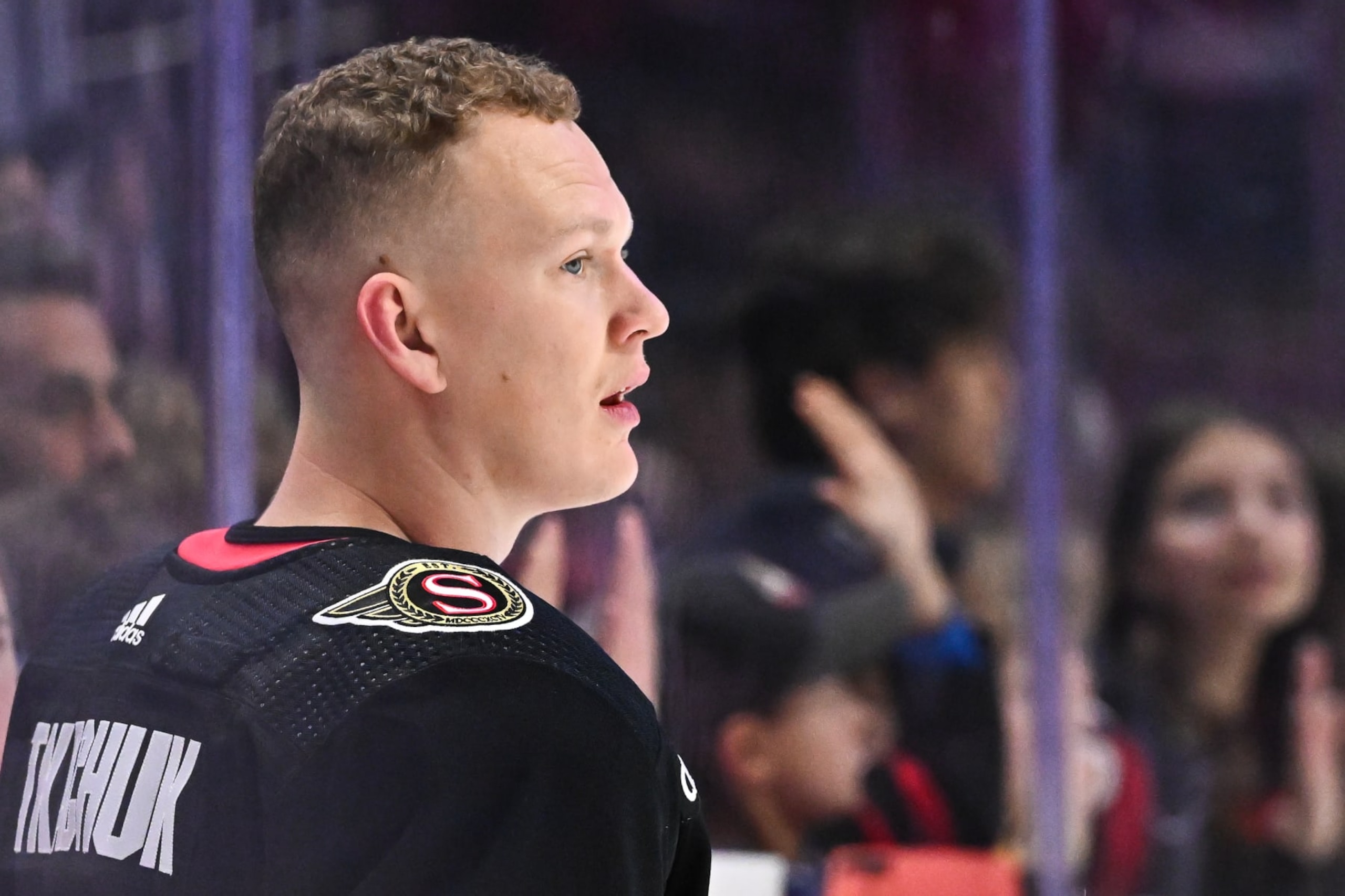 OTTAWA, CANADA - NOVEMBER 02:  Brady Tkachuk #7 of the Ottawa Senators skates during warmups prior to the game against the Los Angeles Kings at Canadian Tire Centre on November 2, 2023 in Ottawa, Ontario, Canada.  The Los Angeles Kings defeated the Ottawa Senators 3-2.  (Photo by Minas Panagiotakis/Getty Images)