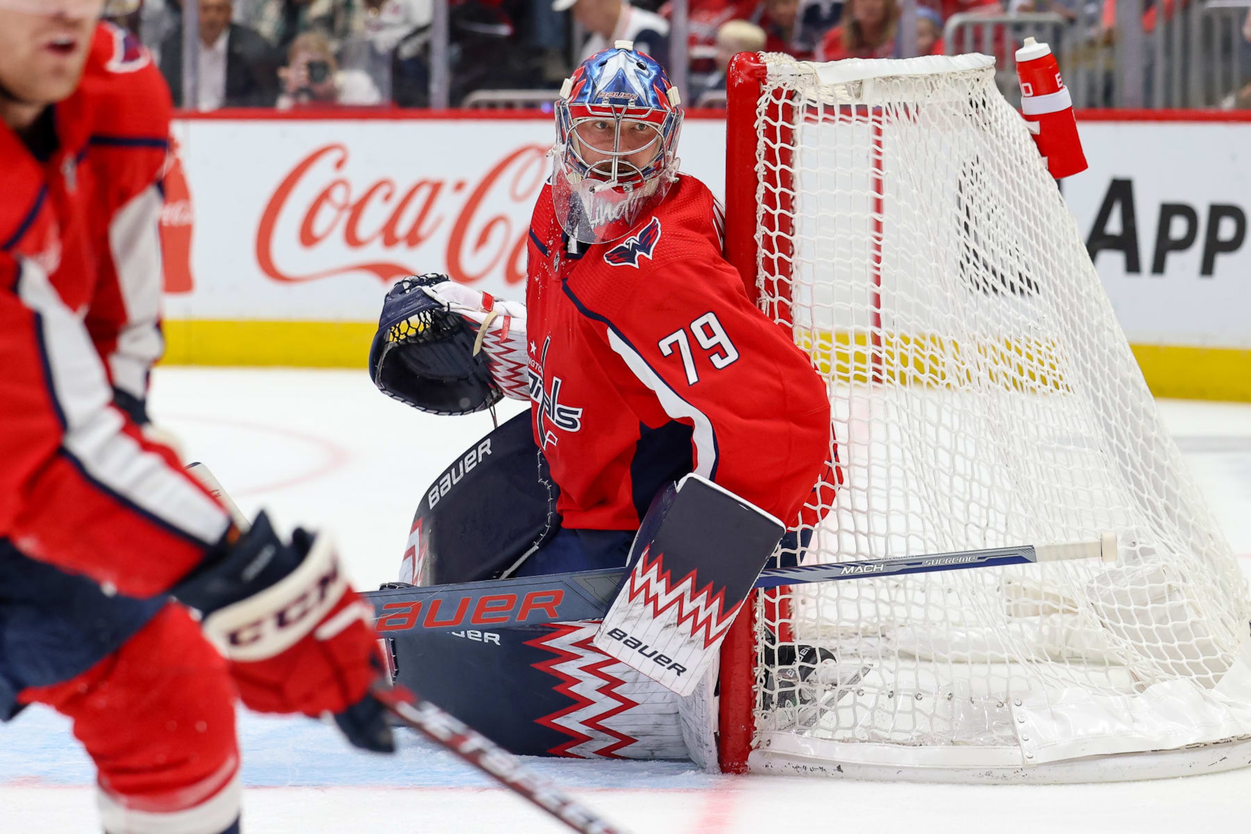 WASHINGTON, DC - NOVEMBER 4: Charlie Lindgren #79 of the Washington Capitals watches the play as he defends his net during a game against the Columbus Blue Jackets at Capital One Arena on November 4, 2023 in Washington, D.C. (Photo by John McCreary/NHLI via Getty Images)