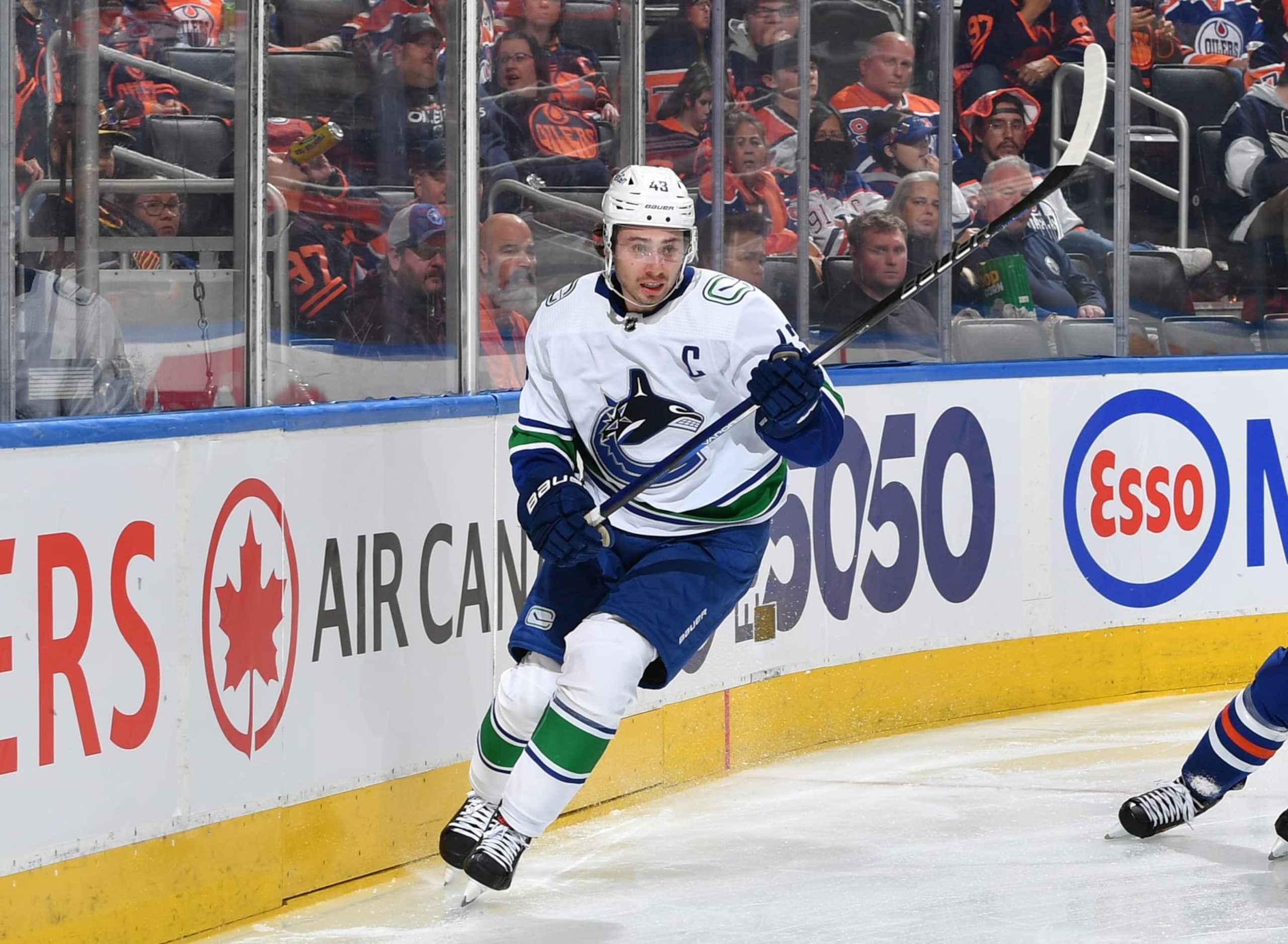 EDMONTON, CANADA - OCTOBER 14: Quinn Hughes #43 of the Vancouver Canucks skates during the game against the Edmonton Oilers at Rogers Place on October 14, 2023, in Edmonton, Alberta, Canada. (Photo by Andy Devlin/NHLI via Getty Images)